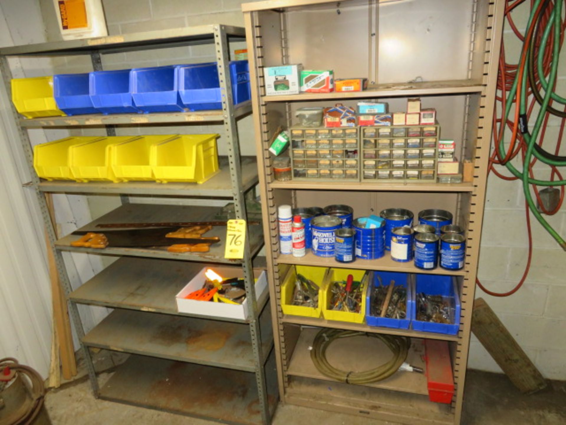 (2) SECTIONS SHELVES, HARDWARE, TOOLS, BOX CUTTERS, SAWS, AKRO BINS, ETC