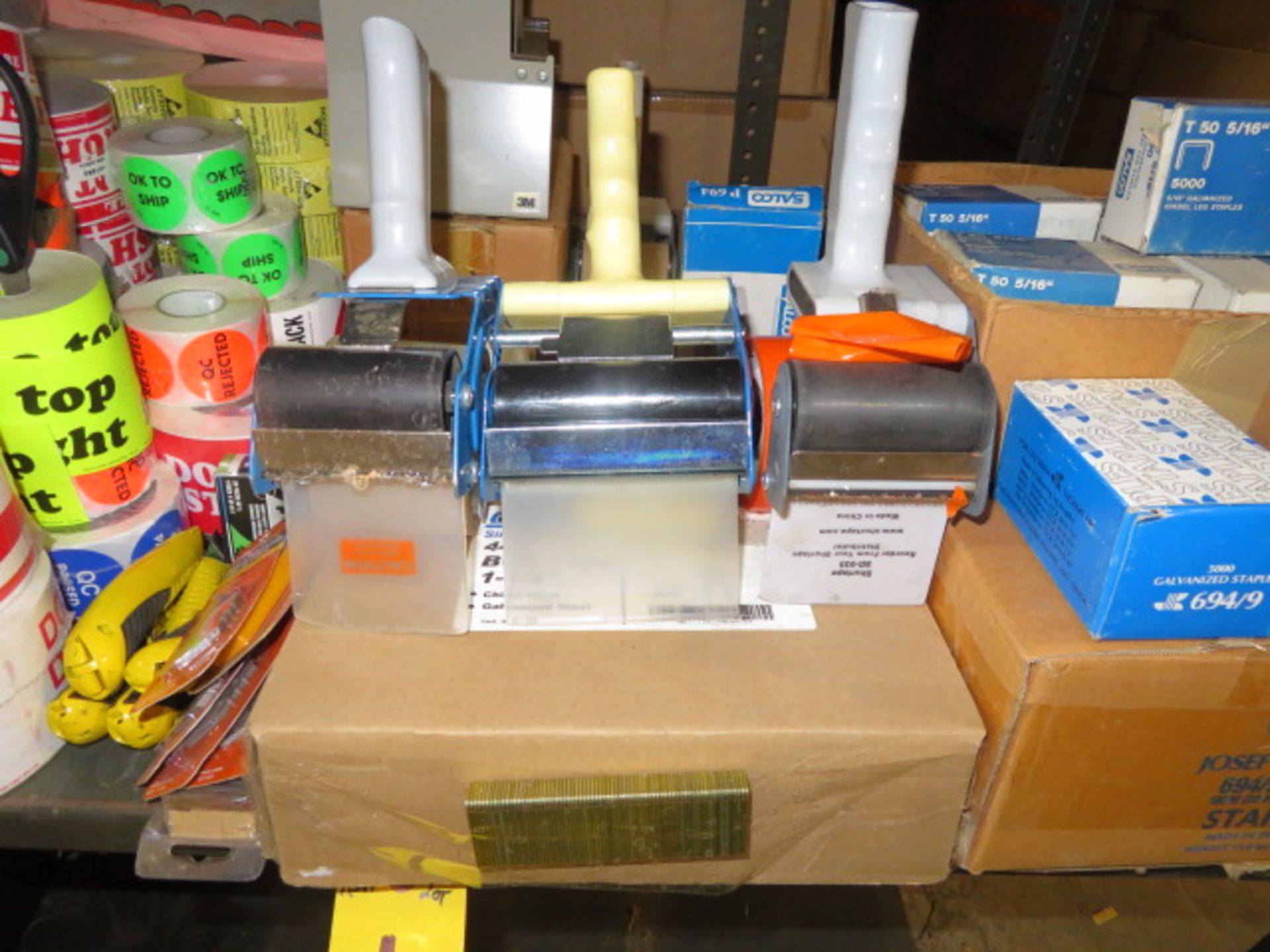 TAPE GUNS, DISPENSER, BOX STAPLES, BOX CUTTERS, BLADES & PRESSURE SENSITIVE PRINTED STICKERS - Image 3 of 5