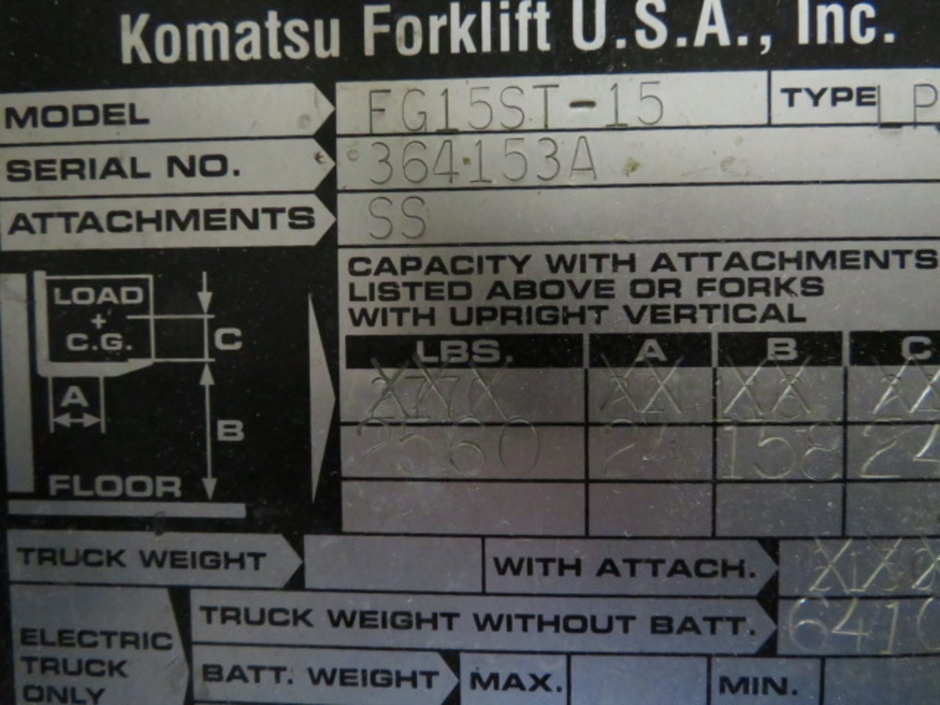 KOMATSU FG15ST-15 LP CUSHION TIRE FORK LIFT, 2560 LBS CAP., 2 STAGE LIFT TO 158 IN… - Image 3 of 3