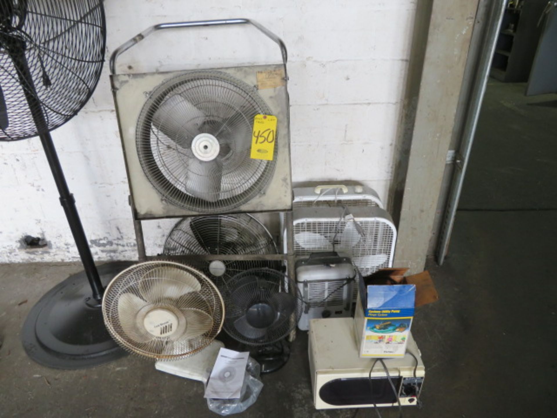 LOT OF ASSORTED FANS, HEATER, MW OVEN AND PUMP