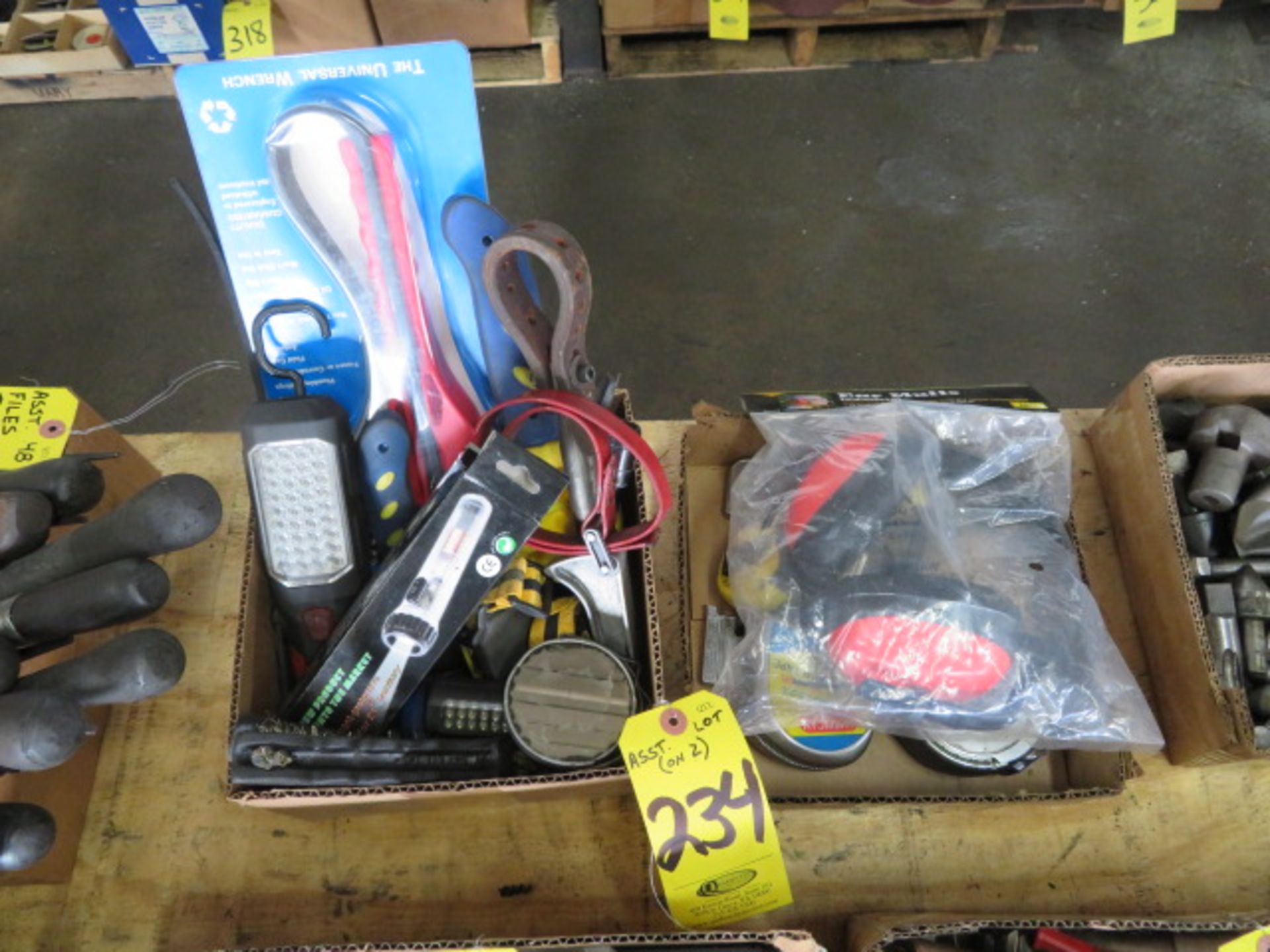 ASSORTED EAR MUFFS, LIGHTS AND STRAP WRENCH
