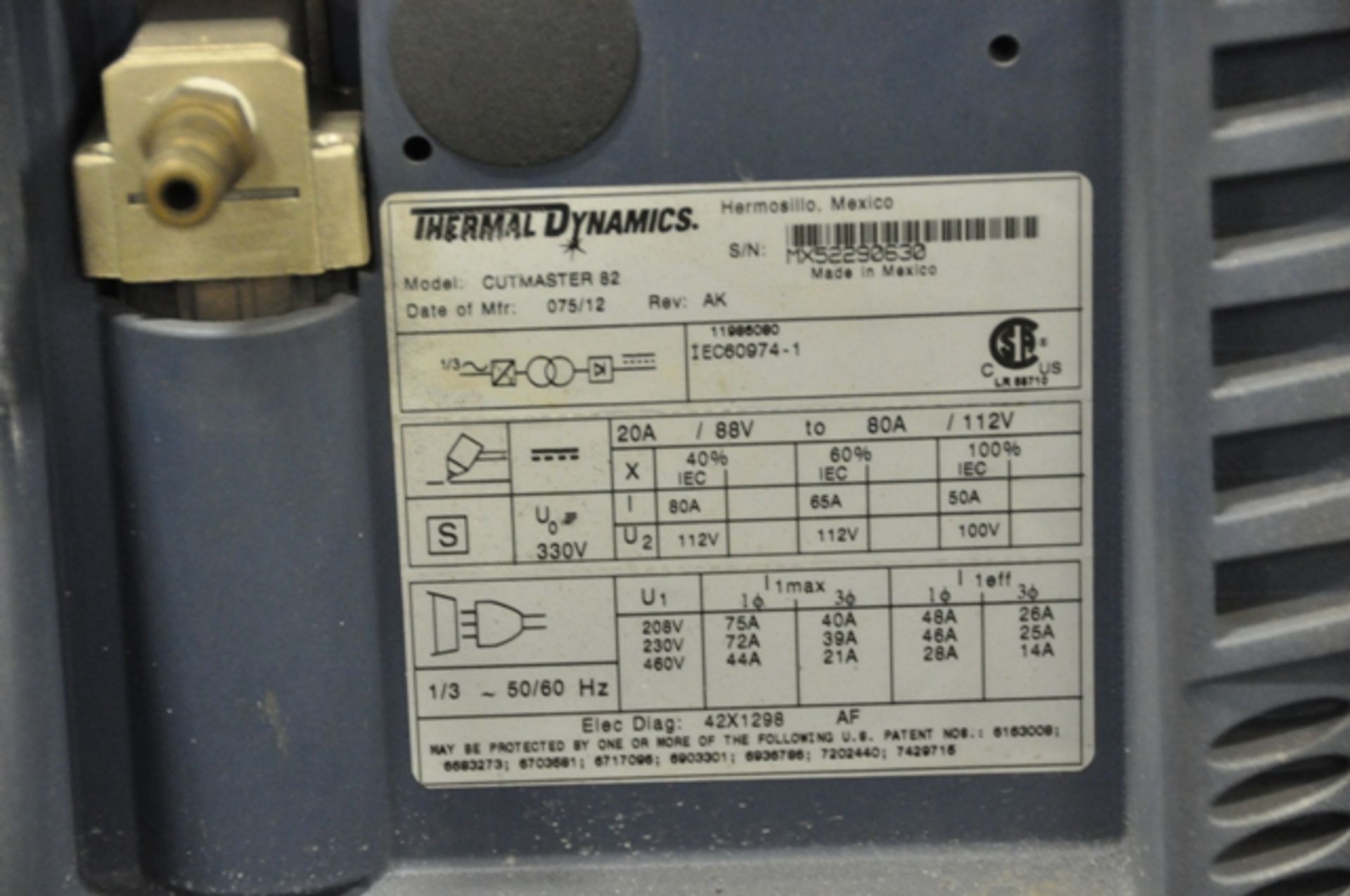 THERMAL DYNAMICS CUTMASTER PLASMA CUTTER, MODEL 82, SN. MX52290630, 3 PHASE 208-460 VOLTS WITH - Image 4 of 5