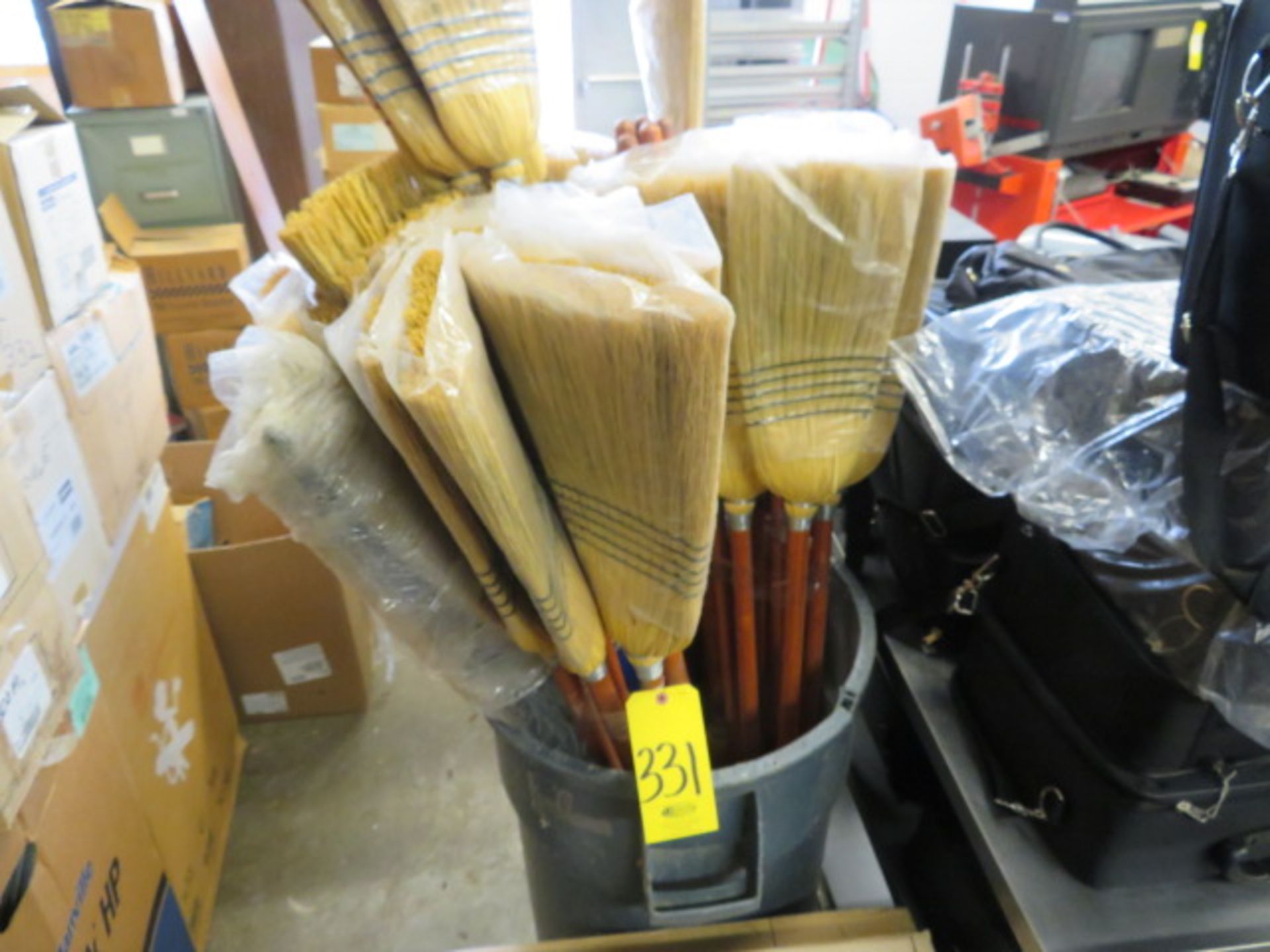 WOOD HANDLE STRAW BROOMS & (24) 24" PALMYRA PUSH BROOM HEADS W/ TRASH CAN (LOCATED IN WILLOW GROVE) - Image 2 of 4