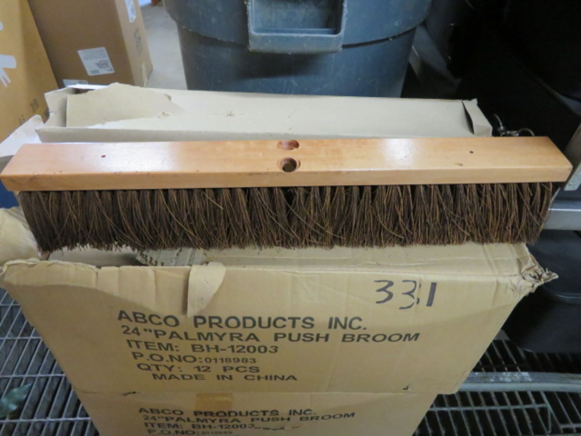 WOOD HANDLE STRAW BROOMS & (24) 24" PALMYRA PUSH BROOM HEADS W/ TRASH CAN (LOCATED IN WILLOW GROVE) - Image 4 of 4