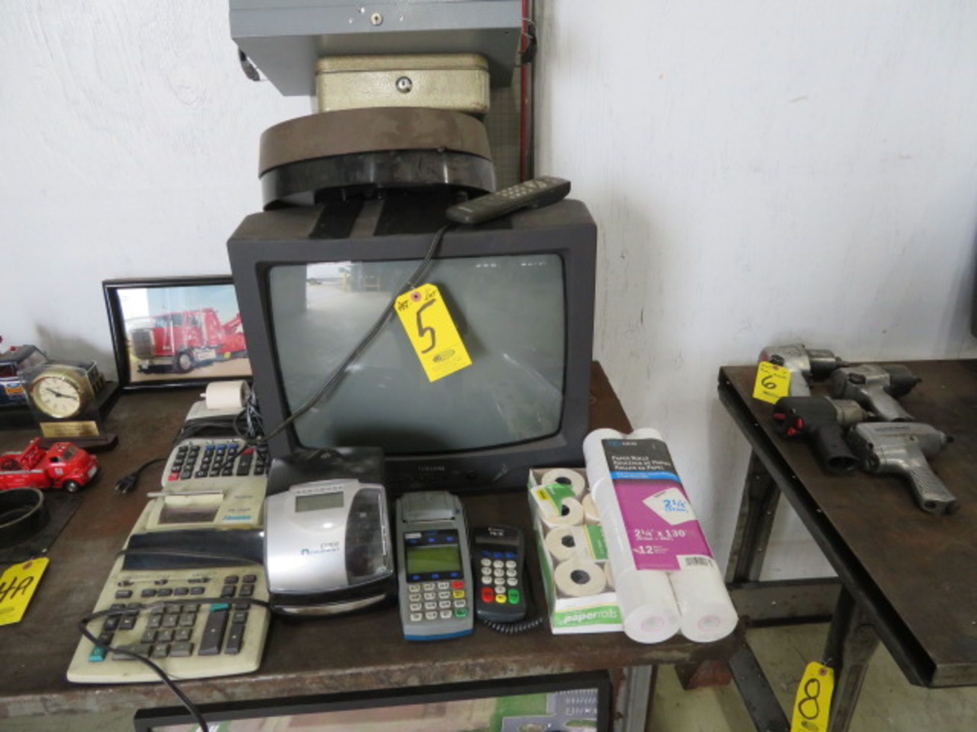 ACROPRINT DIGITAL TIME STAMP, (2) CREDIT CARD TERMINALS, CALCULATORS, TV AND CLOCK (LOCATED IN