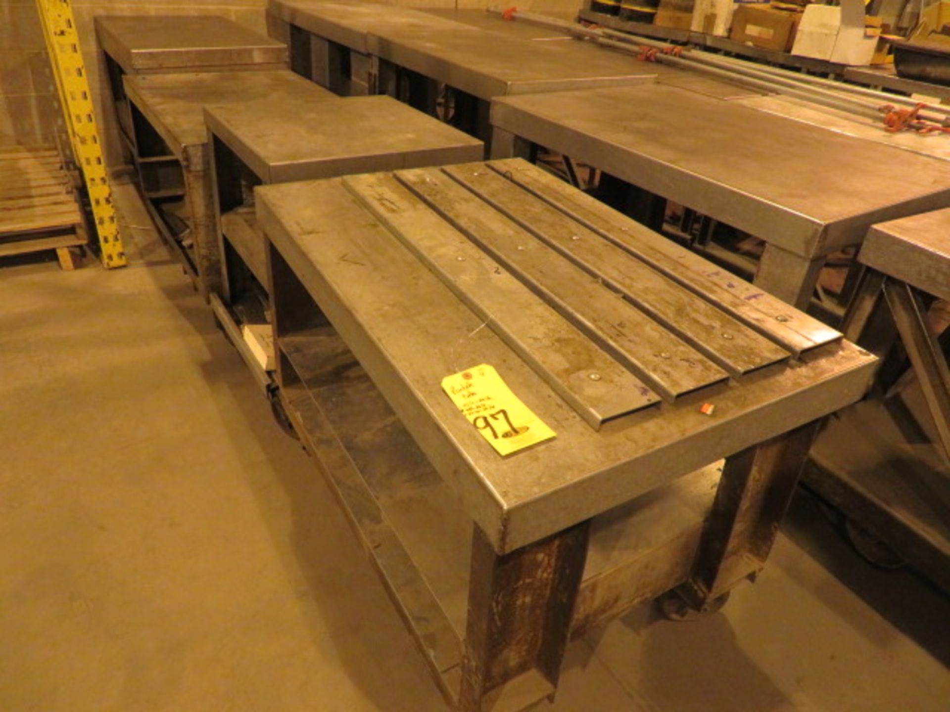 (4) PORTABLE STEEL TABLES -- (1 IS 42-1/2 IN X 24-1/2 INM, (1 IS 22-1/4 IN X 22-1/4 IN)…