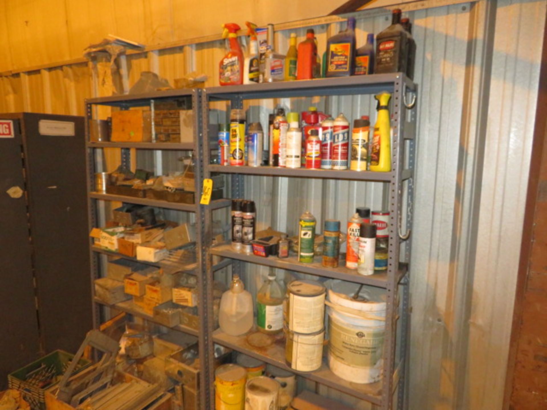 ASSORTED FLUIDS, PAINTS, SPRAYS AND (2) SECTIONS OF SHELVING