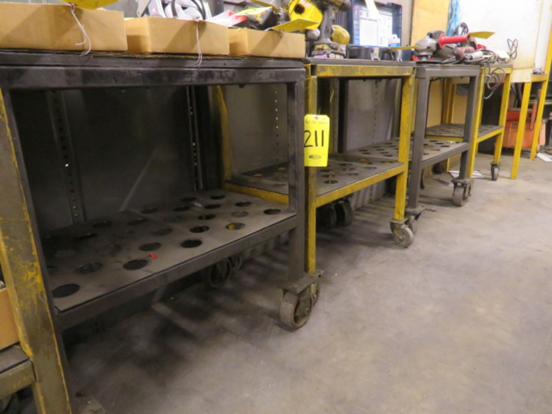 (4) IRON MOBILE CARTS W/TOOL HOLDER INSERTS