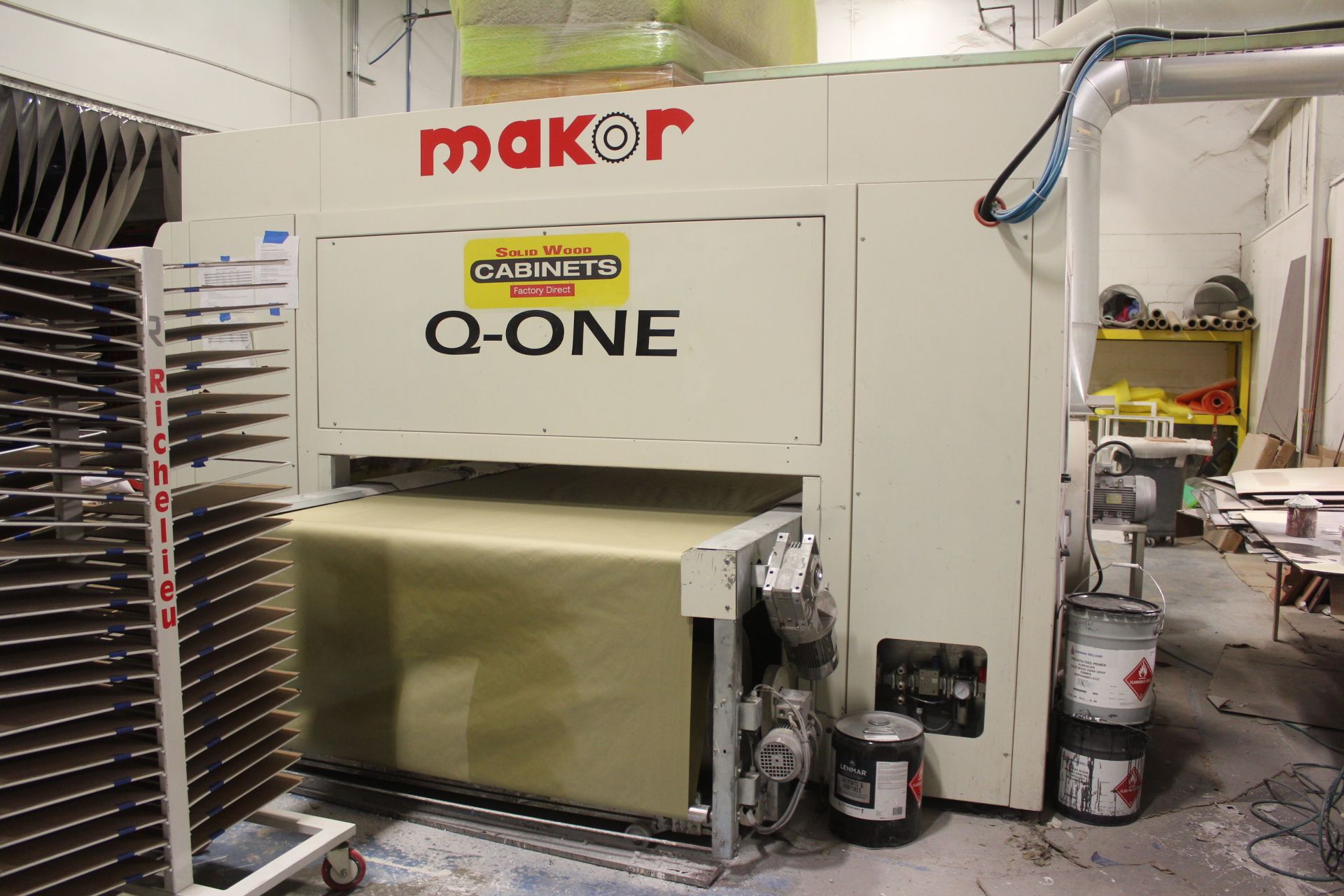 2014 MAKOR Q-ONE SINGLE ARM RECIPROCATING FLAT LINE FEED-THROUGH 4-HEAD FINISHING STATION...