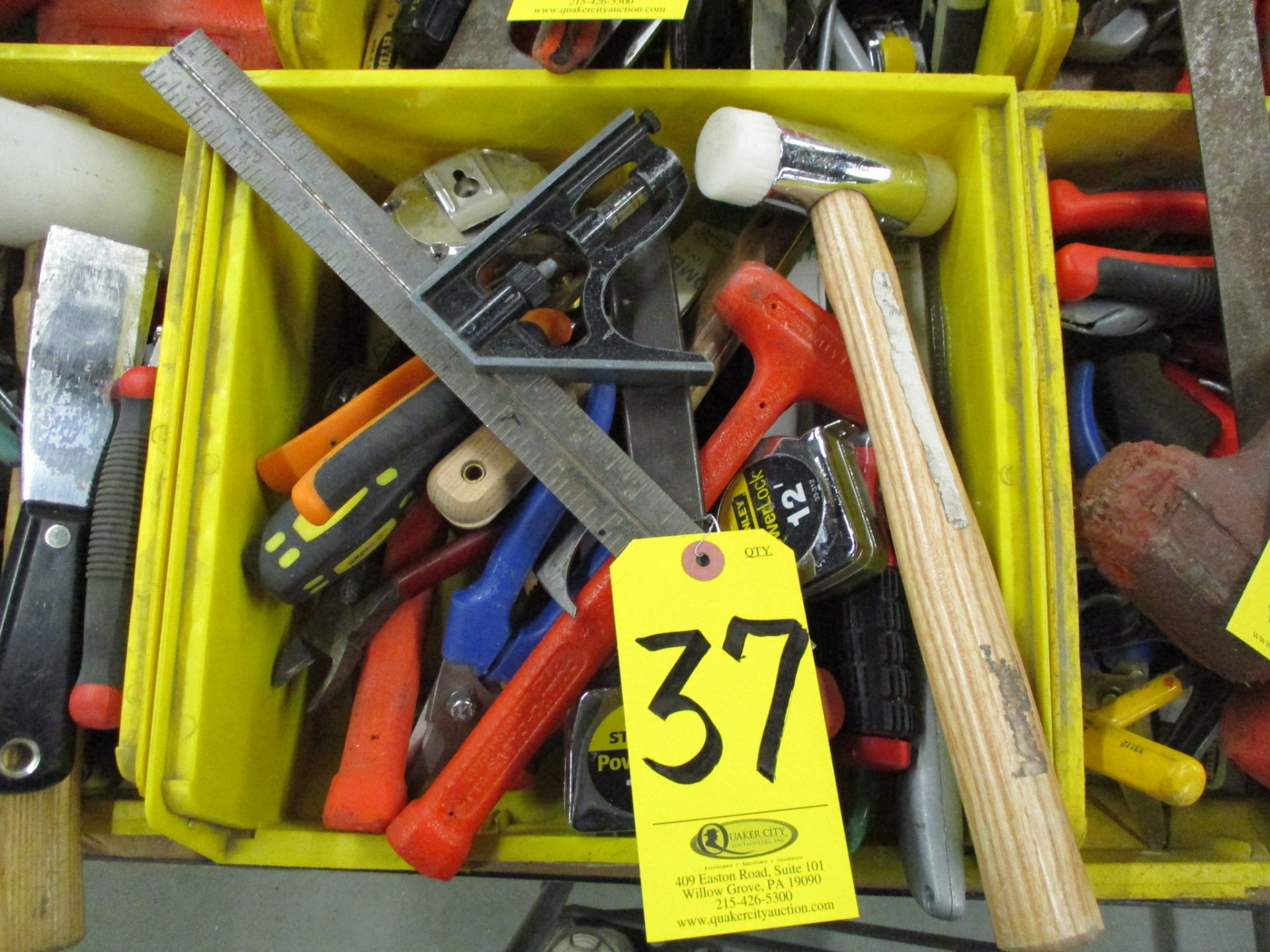 Assorted Hand Tools including Hammers, Screw Drivers, Putty Knives, Utility Knives, Pliers, Snips