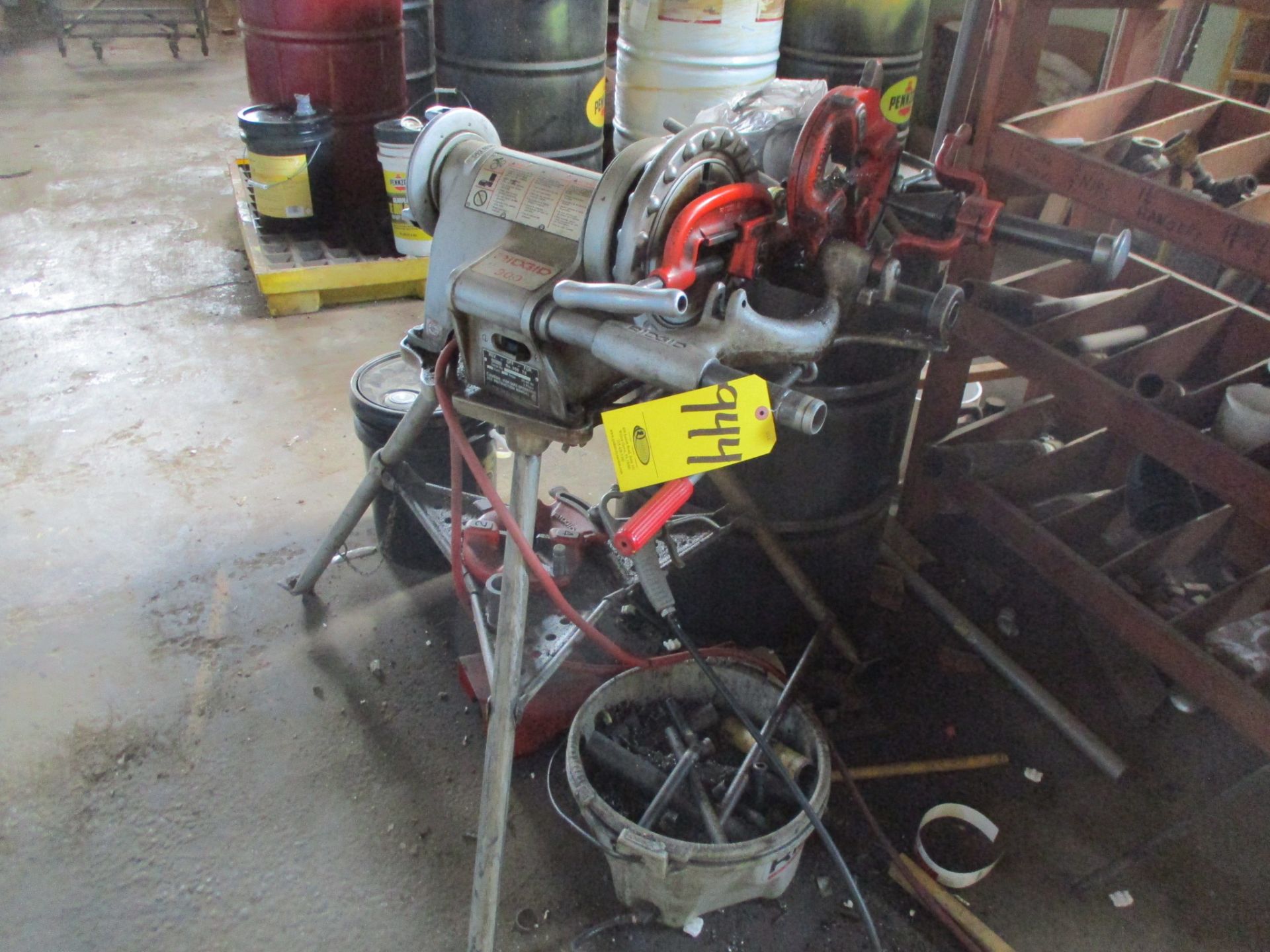 Ridgid 300 Electric Pipe Threader on Tri-Stand, Oil Bucket, Dies and Pipe Fitting