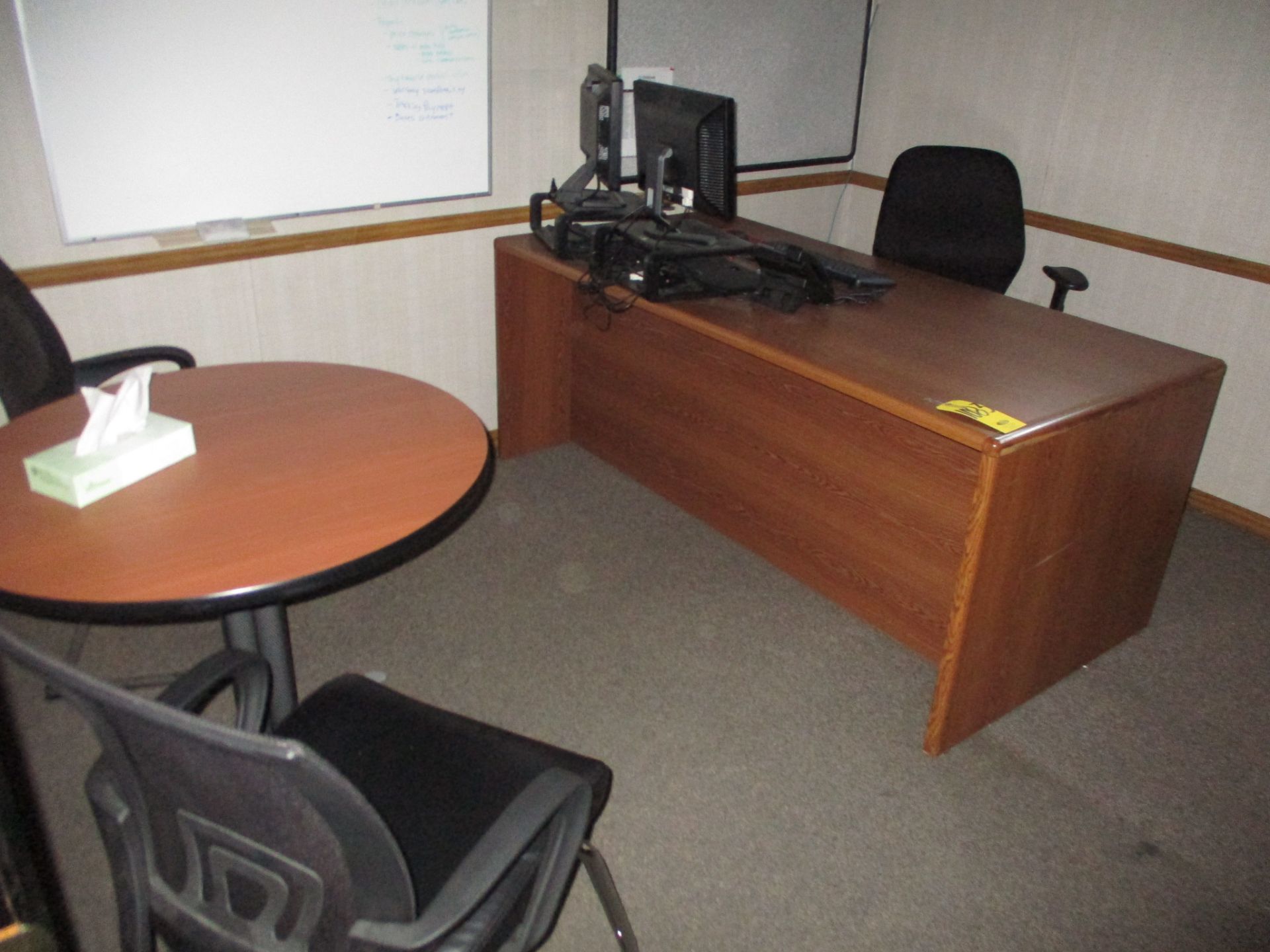 Double Pedestal Desk, Credenza, (2) Monitors, Keyboard, (2) Side Chairs, Marker Board, Bulletin Boar