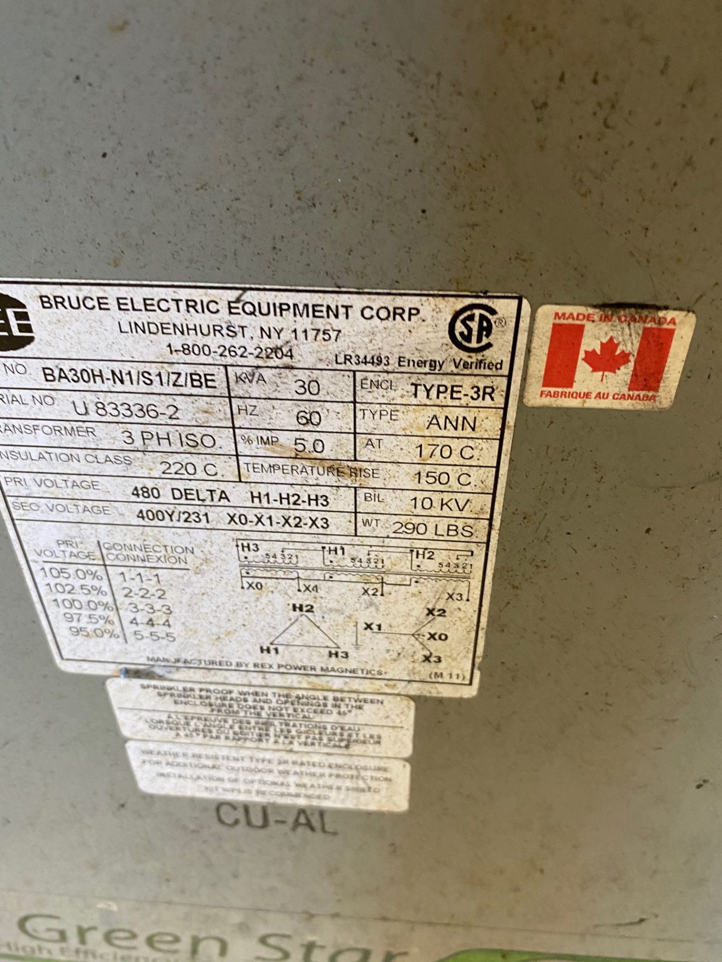 Bruce Isolation Transformer, 30 KVA, 480 Delta Primary, 400Y/231 Secondary - Image 2 of 2