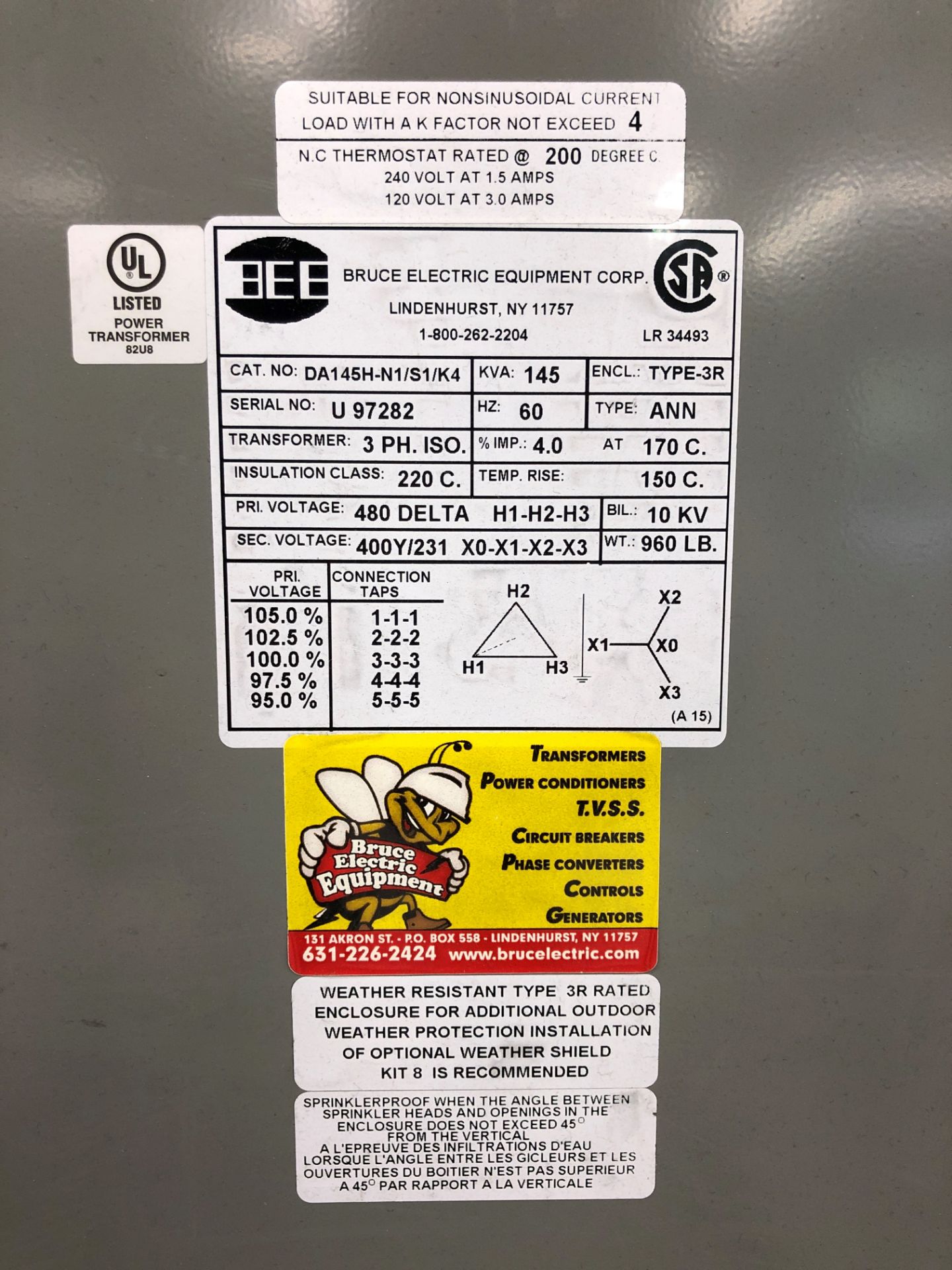 Bruce Isolation Transformer, 145 KVA, 480 Delta Primary, 400Y/231 Secondary