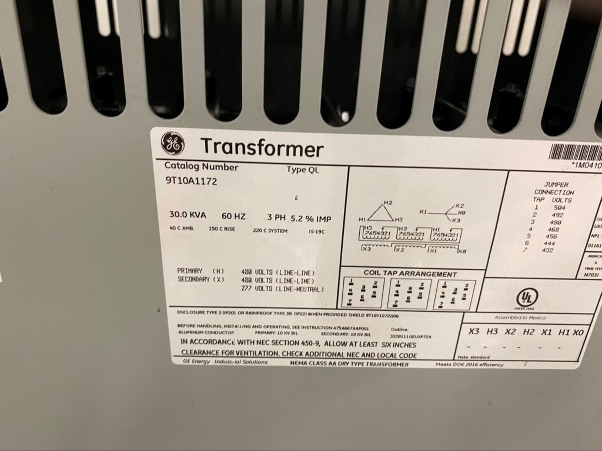 GE TYPE QL TRANSFORMER, 30 KVA, PRIMARY 480V SECONDARY 480V/277V - Image 2 of 2