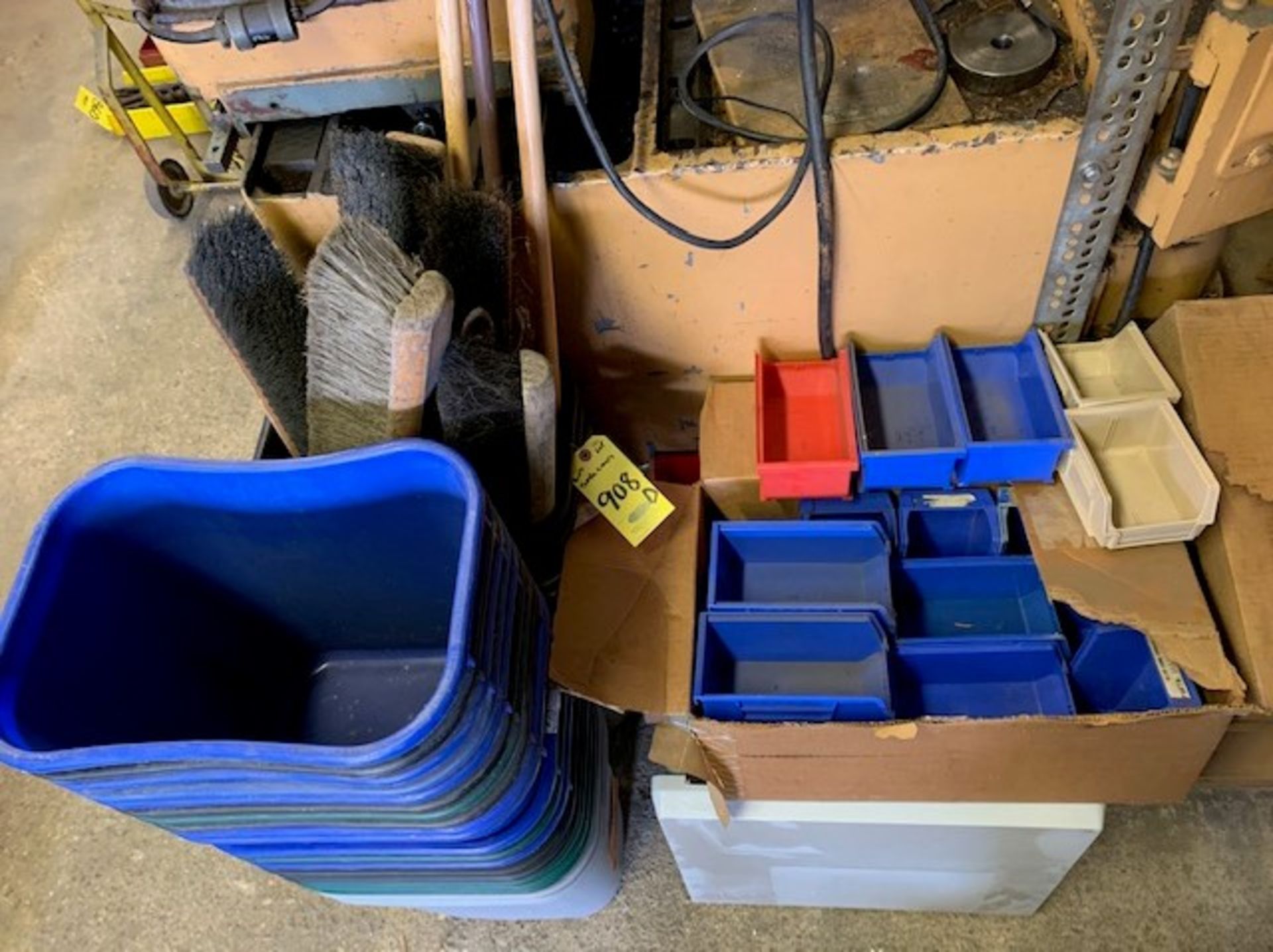 ASSORTED PARTS, BINS, TRASH CANS AND BROOMS