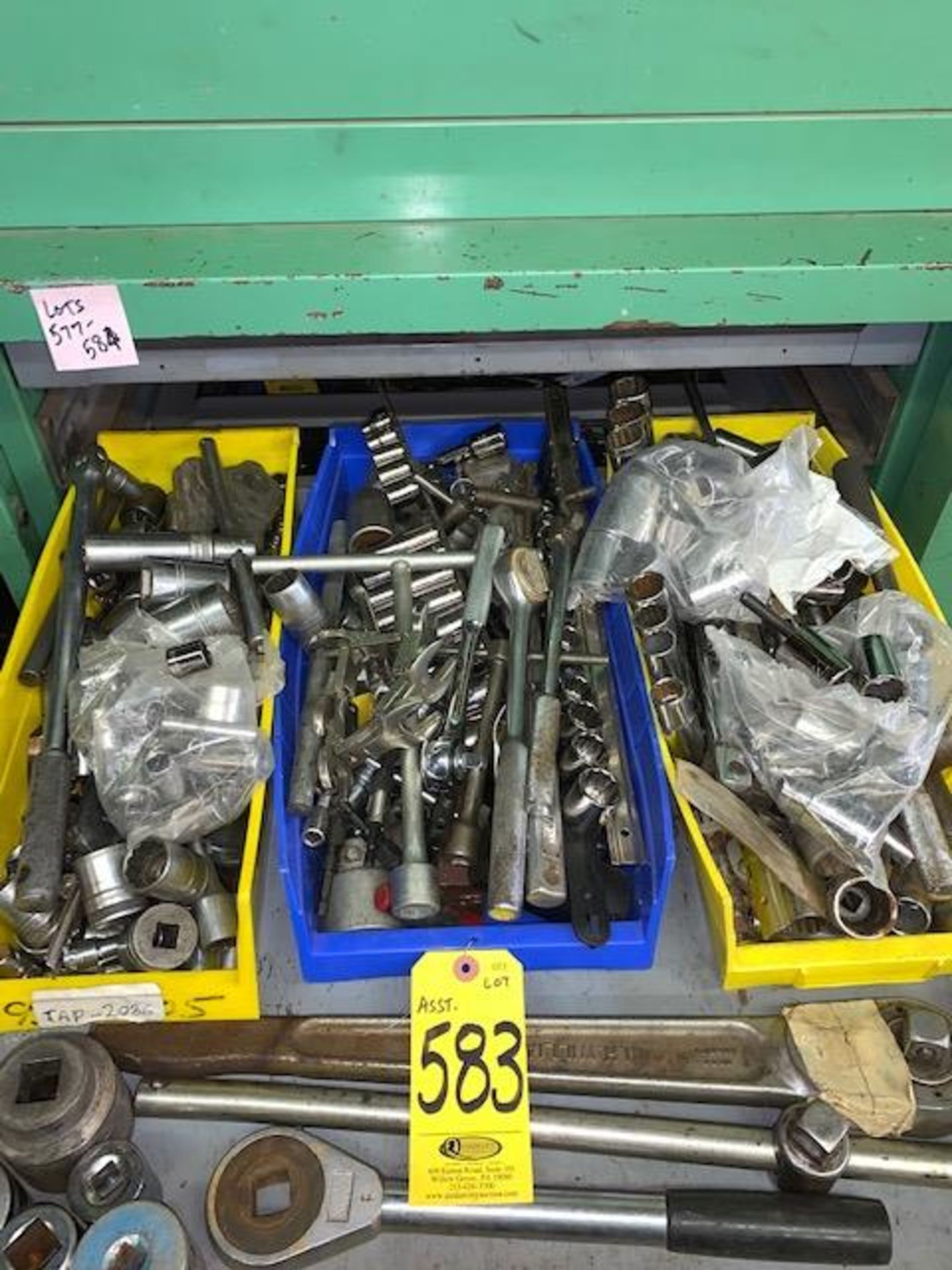 ASSORTED SOCKETS AND WRENCHES (2ND SHELF OF LOT 554 - LEFT SIDE)