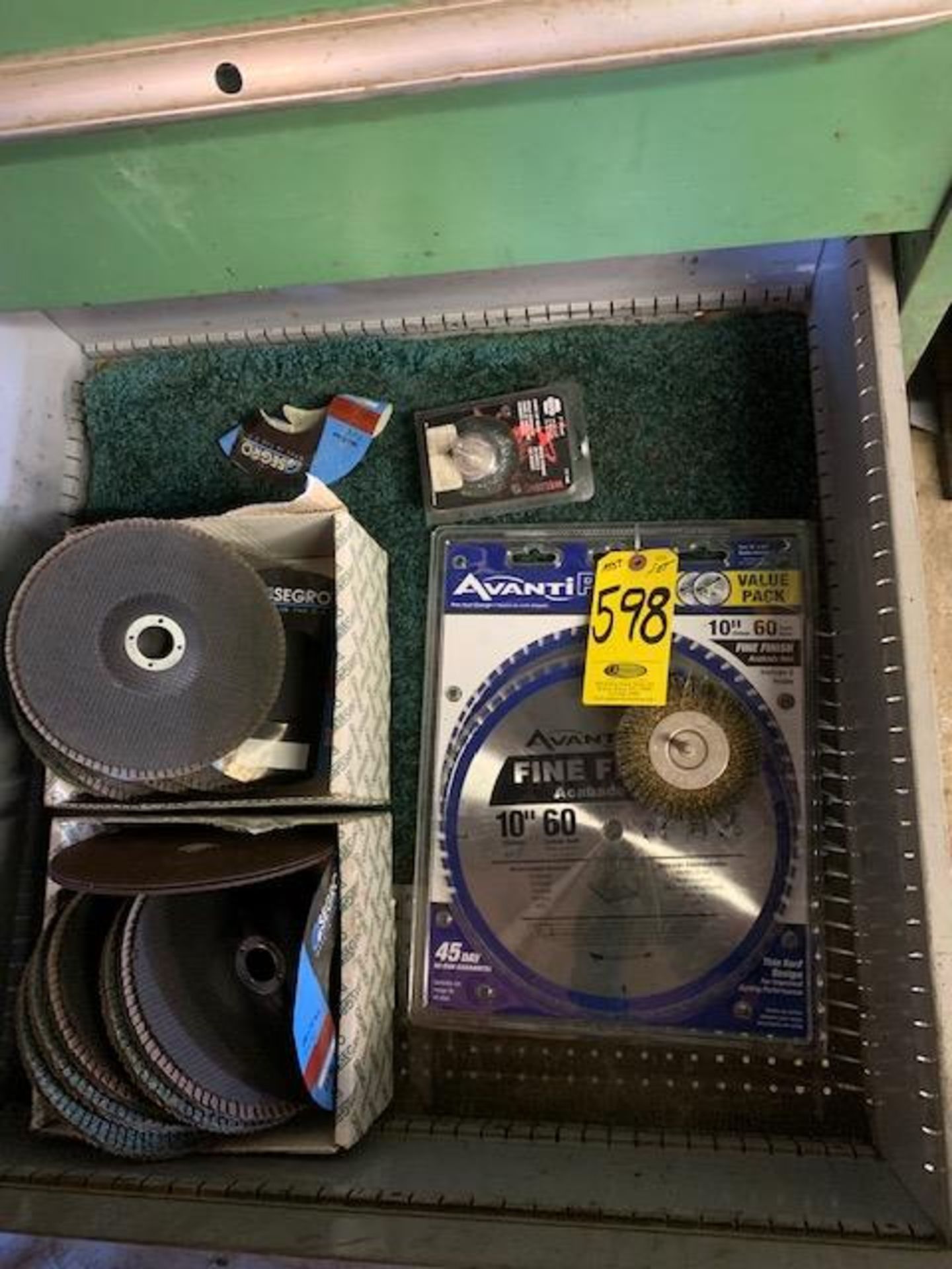 10 IN. NEW SAW BLADES, ABRASIVE WHEELS AND BRUSH (BOTTOM DRAWER OF LOT 549)