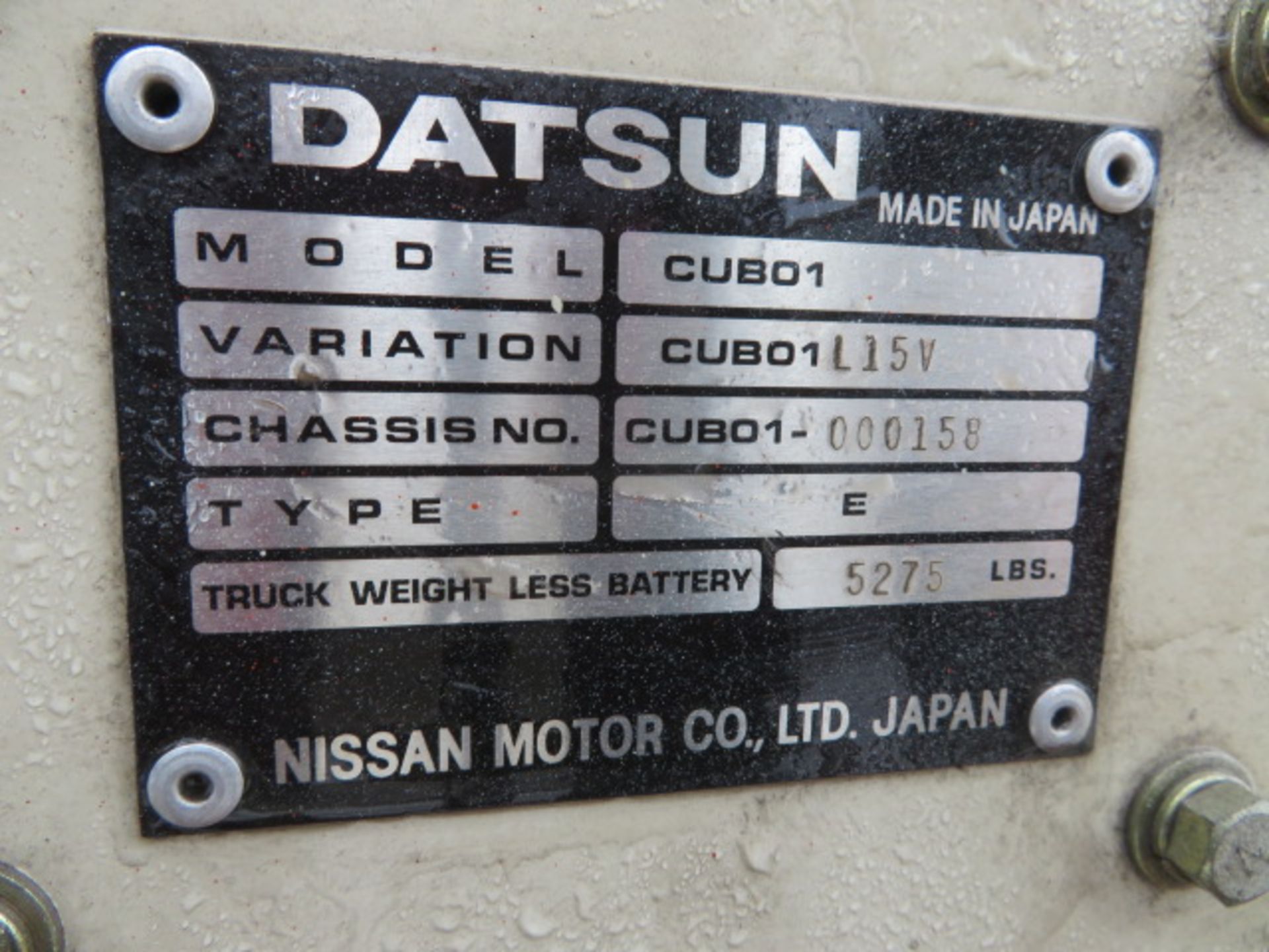 DATSUN CUB01 ELECTRIC 4-TIRE SIT-DOWN FORK LIFT, S/N CUB01-000158, 2-STAGE LIFT TO 132 IN., 2750 LB. - Image 3 of 3