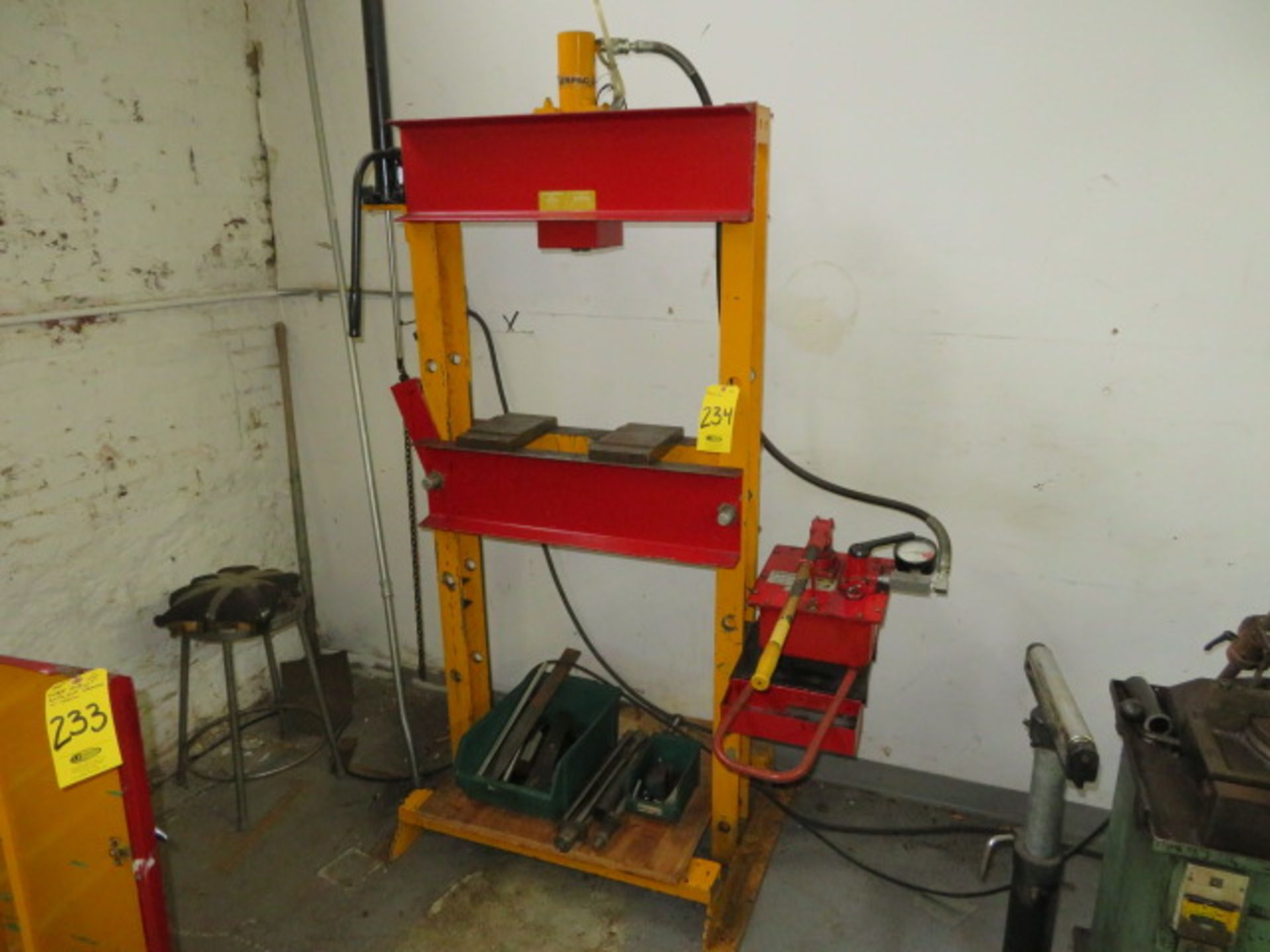 H-FRAME HYDRAULIC PRESS W/ENERPAC P-462 PUMP AND ENERPAC RAM, ENERPAC 1.5 TON HYDRA-LIFT