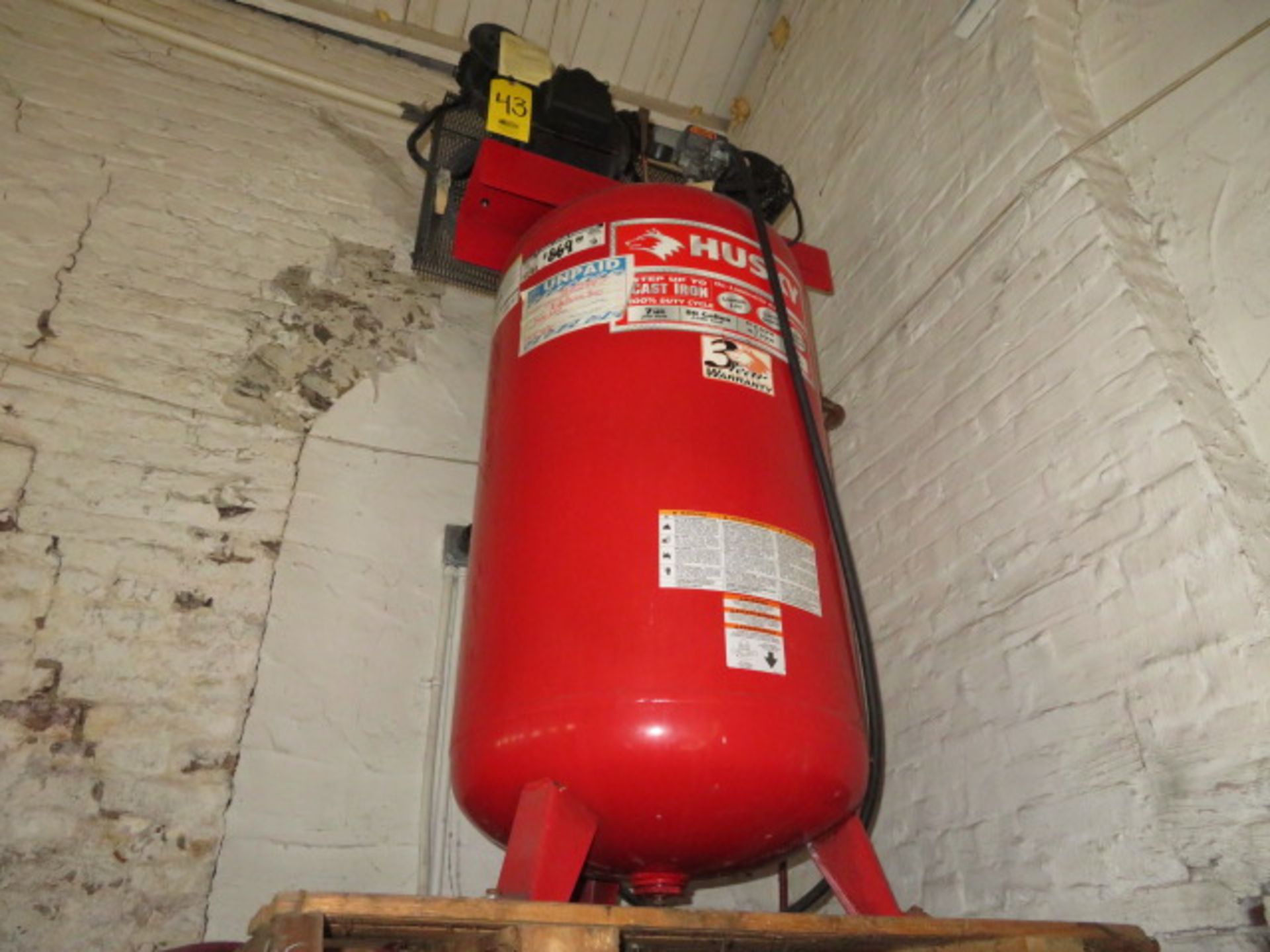 HUSKY 7 HP UPRIGHT AIR COMPRESSOR W/80 GALLON TANK MOUNTED ON 8 FT. SHELF ABOVE FLOOR LEVEL - Image 3 of 3