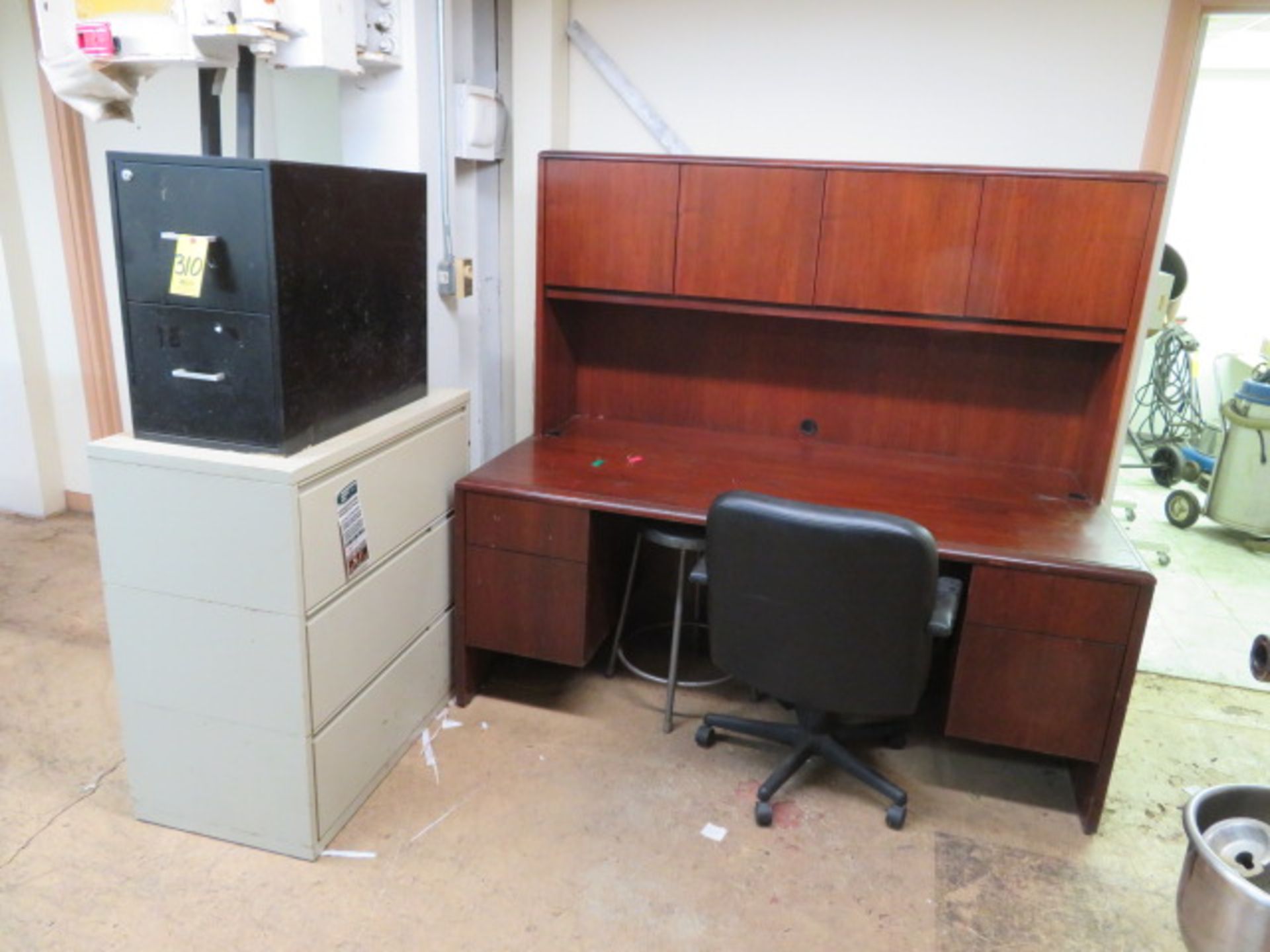 WOOD DESK W/OVERHEAD HUTCH UNIT, 3-DR, LATERAL AND 2-DR. VERTICAL FILE CABINETS