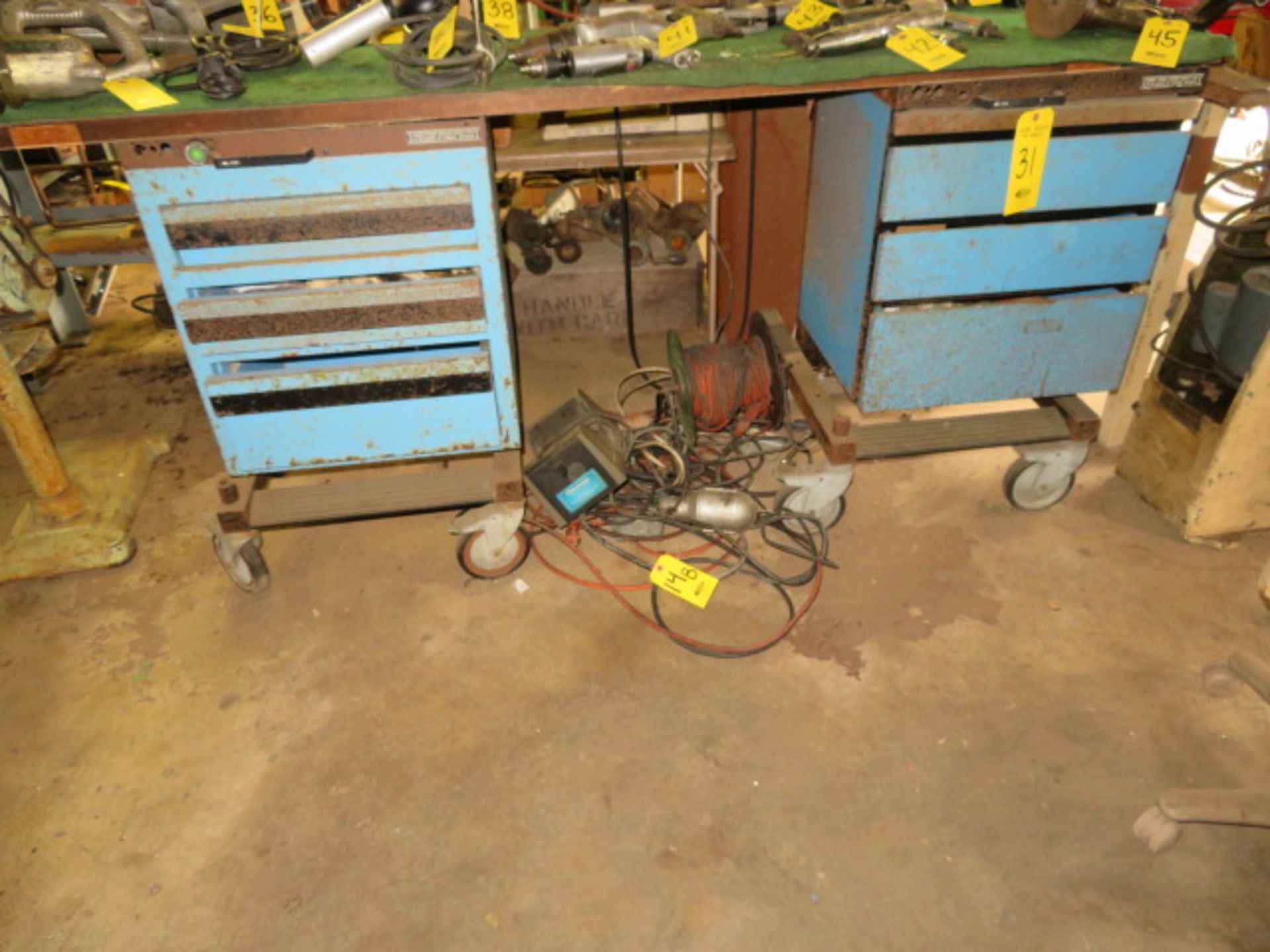 DBL. PEDESTAL MOBILE WORKBENCH W/CONTENTS IN DRAWERS