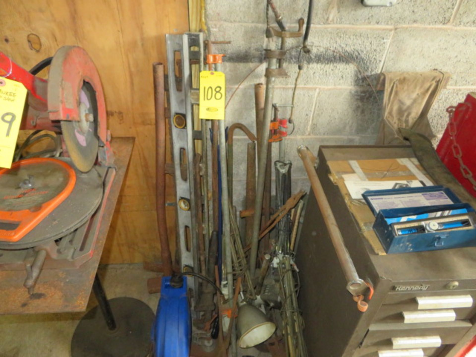 ASSORTED CLAMPS, LEVELS AND AIR HOSE REEL