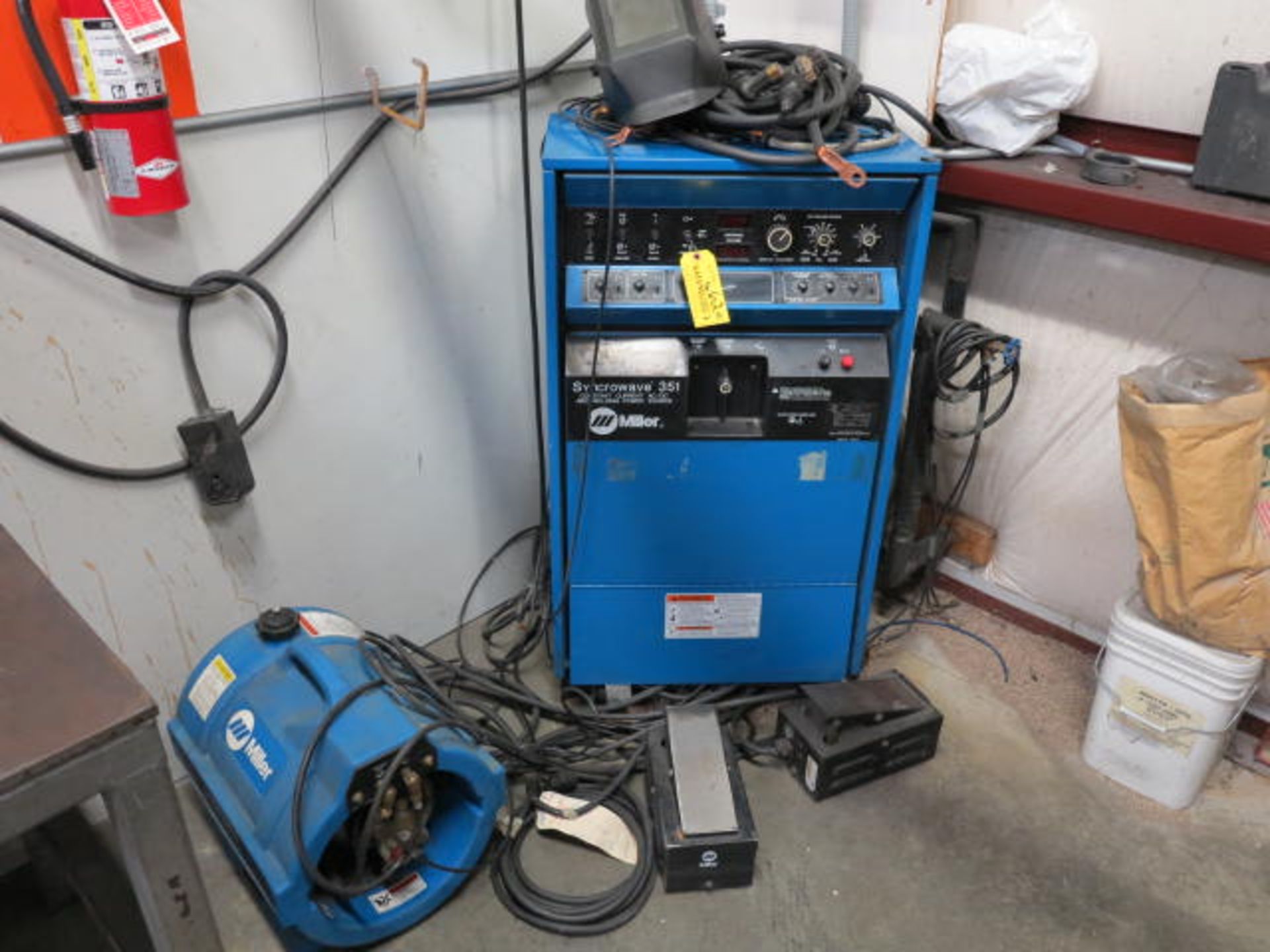 Miller Synchrowave 351 AC/DC Welder S/N KD389441 with Miller Chiller, Foot Pedals, Leads and Guns