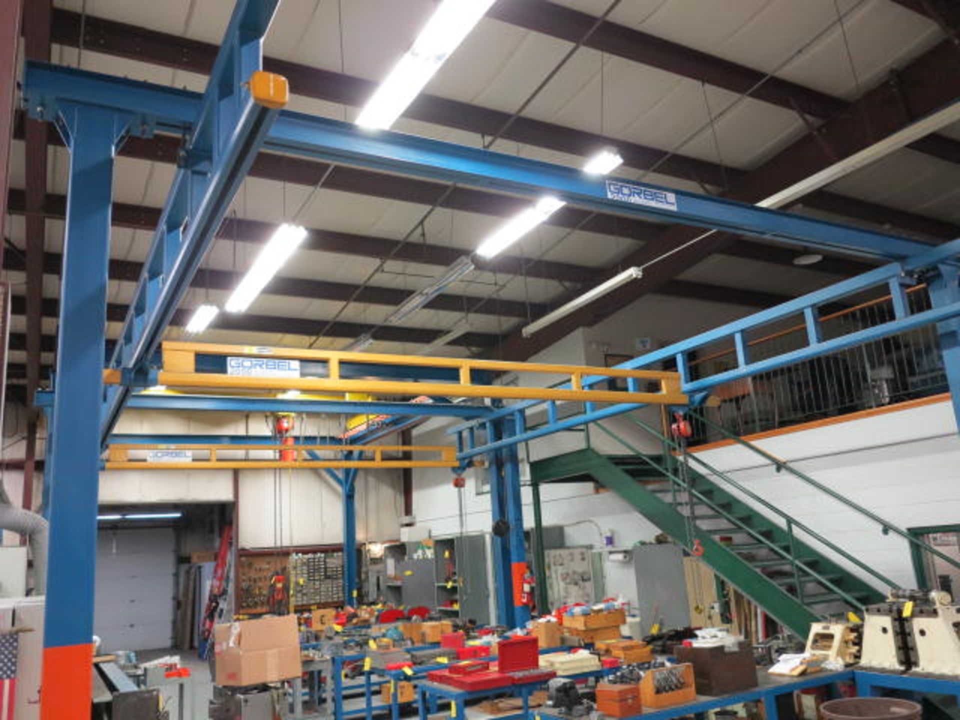 Gorbel 2000 Lb Above Ground Crane System, (2) 9' Spans, 28' Run, (2) 1 Ton Chain Falls, with (2)