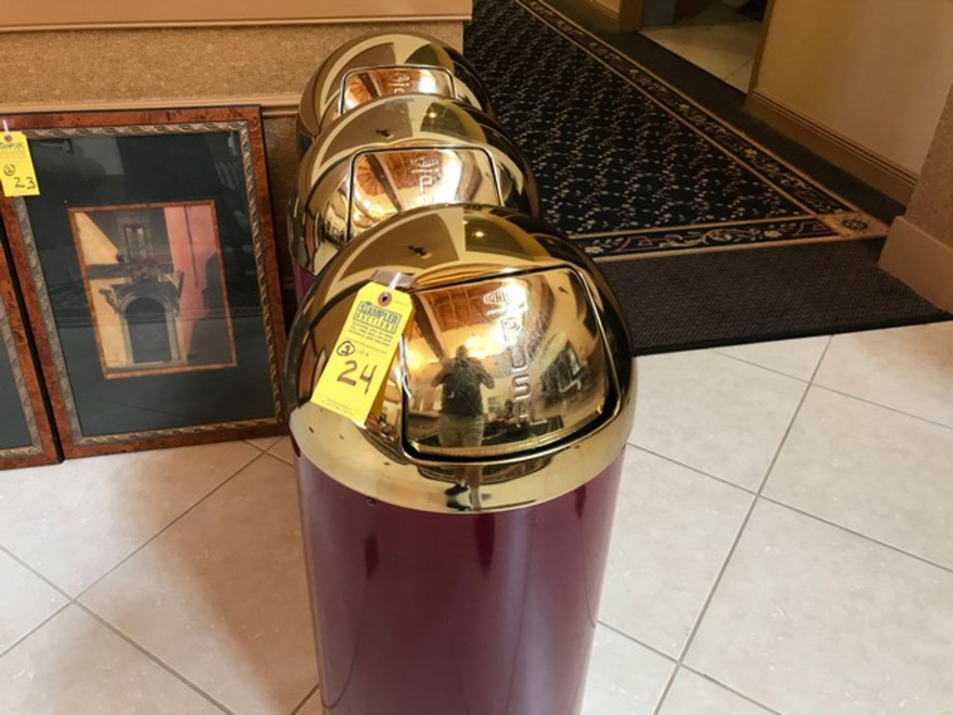 BURGUNDY & BRASS DOMED TRASH RECEPTACLES