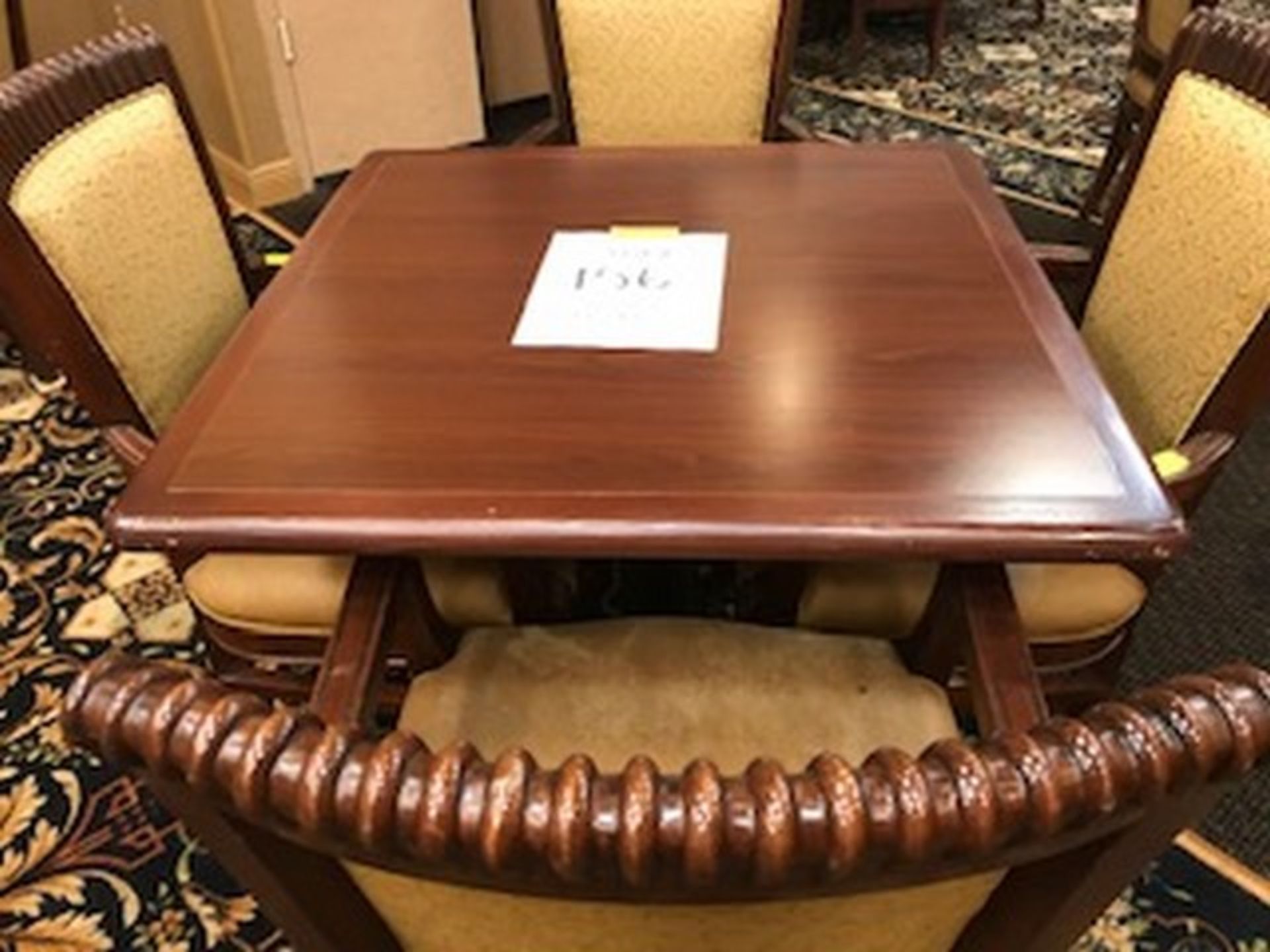 SQUARE TABLE (35 3/4'') WITH 4 GOLD EMBOSSED FABRIC WITH WOOD CHAIRS