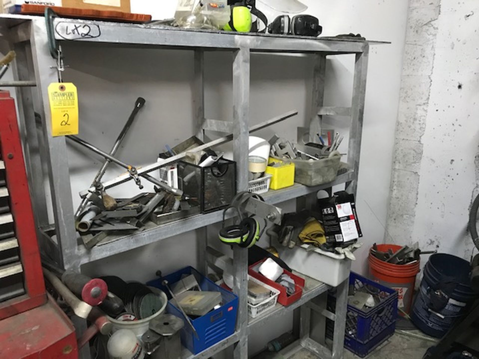 ALUMINUM RACK WITH CONTENTS - TOOLS, SANDING DISCS, ETC