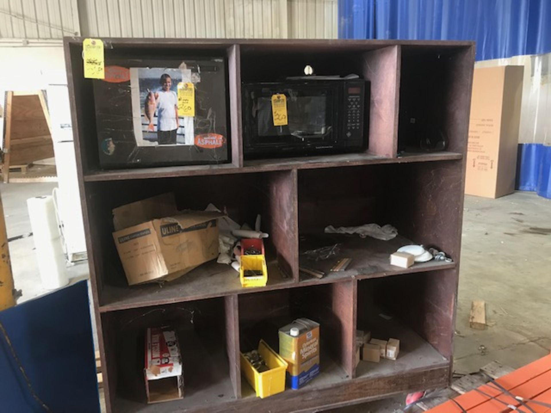 ROLLING WOOD BIN WITH CONTENTS - HARDWARE, MINI FRIDGE, MICROWAVE, ETC