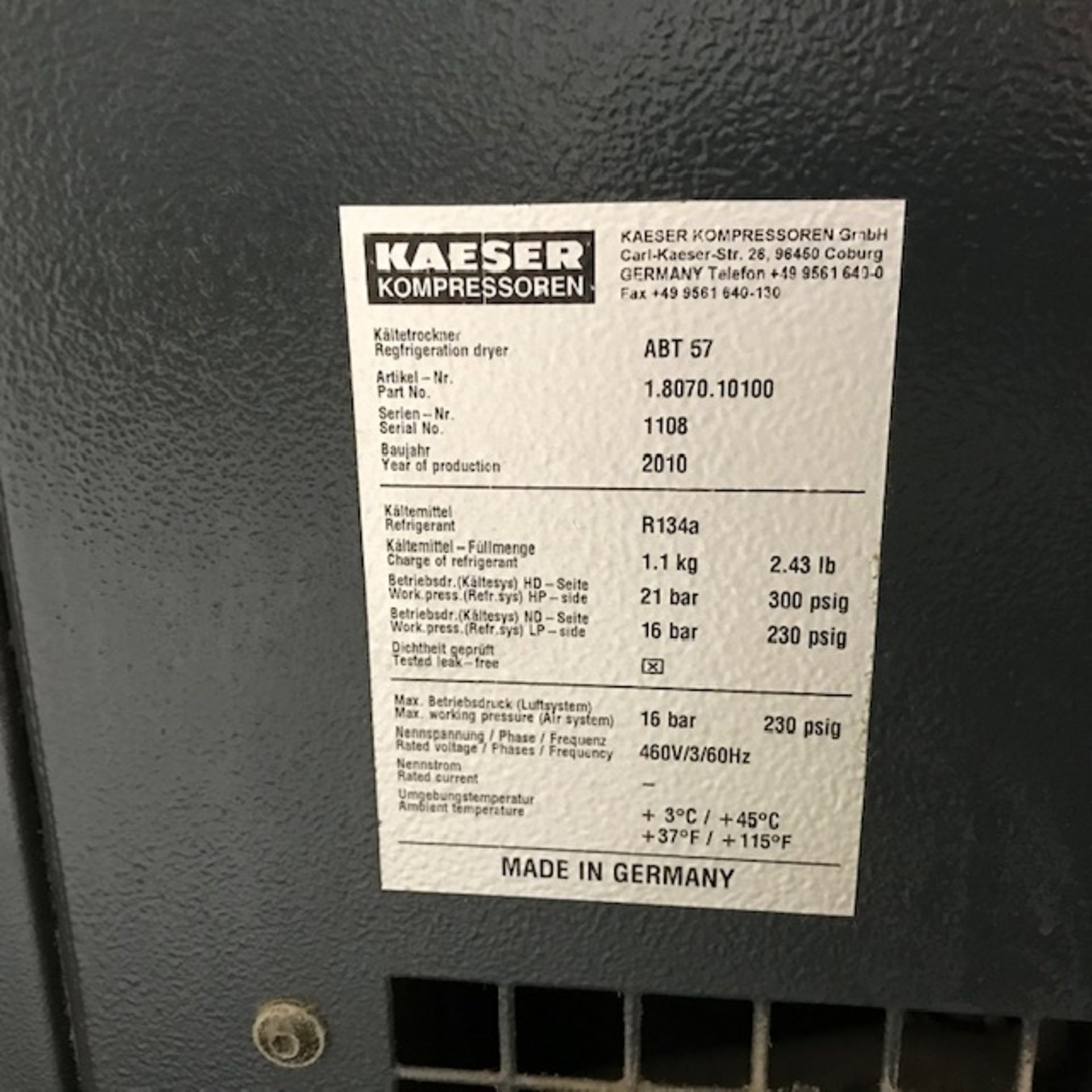 KAESER ASD-30T SIGMA ROTARY SCREW AIR COMPRESSOR - 30HP / 3-PHASE / YEAR 2010 - SERIAL No. 1296 - Image 4 of 4