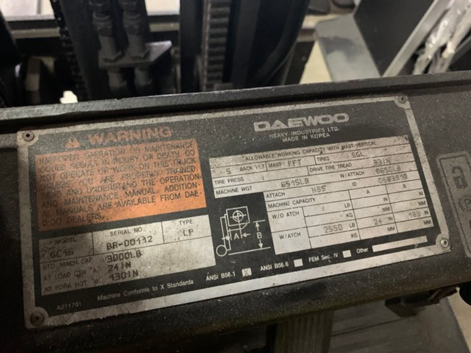 DAEWOO GL15 FORKLIFT - 3000LB CAPACITY / LPG / 3 STAGE / SIDE SHIFT / 14,954 HOURS / SERIAL No. BR-0 - Image 6 of 6