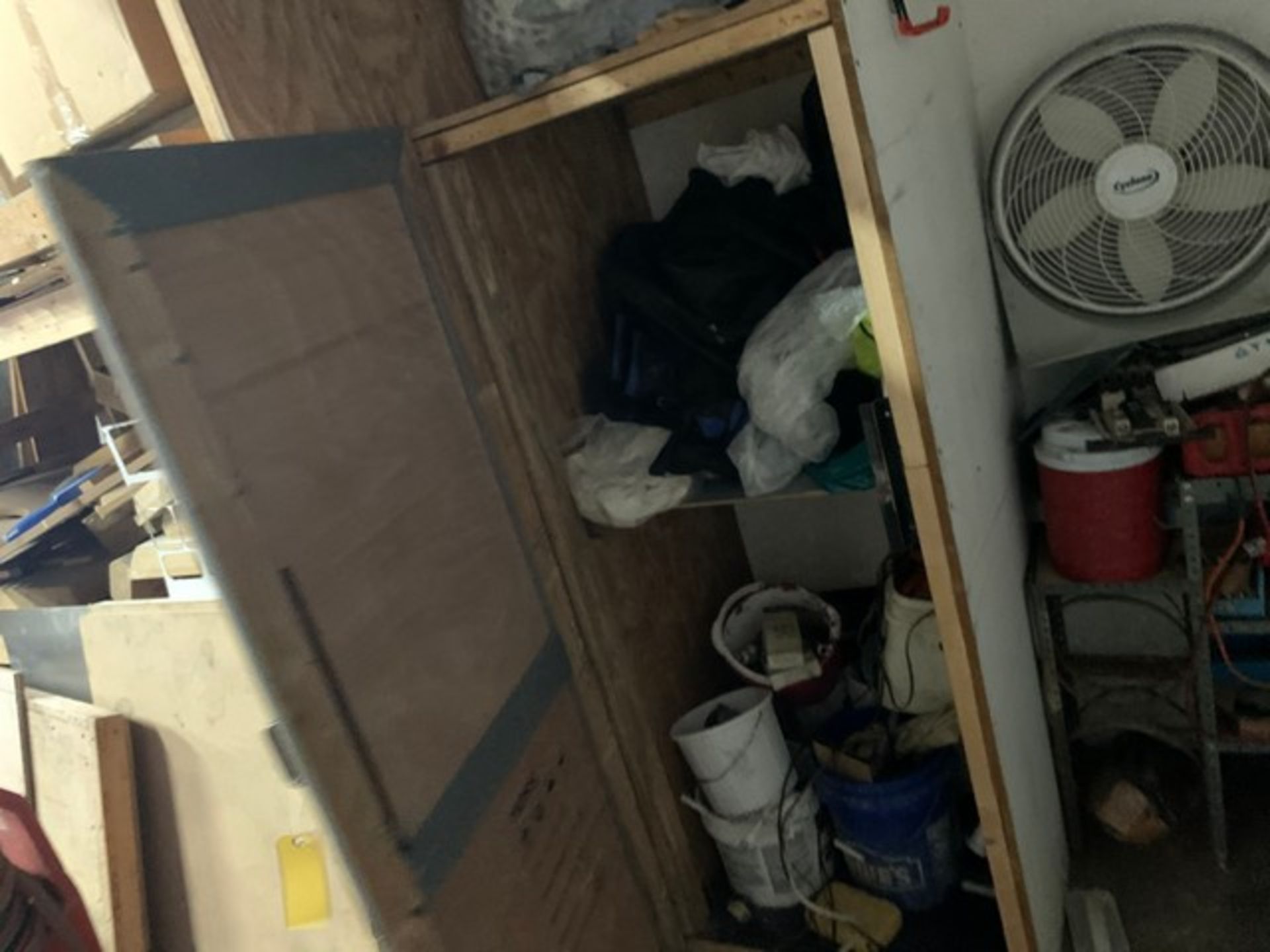 LOT CONTENTS OF WOOD CABINET - BAGS / BUCKETS OF TOOLING, ETC
