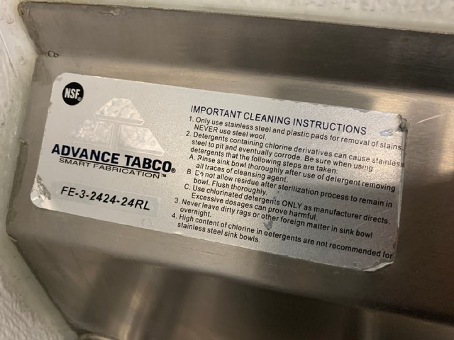 ADVANCE TABCO FE-3-2424-240RL STAINLESS STEEL TRIPLE SINK - 120'' - Image 3 of 3