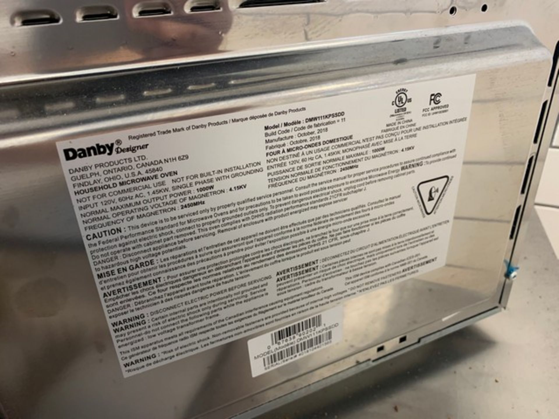 DANBY DMW111KPSSDD STAINLESS STEEL MICROWAVE - Image 3 of 3