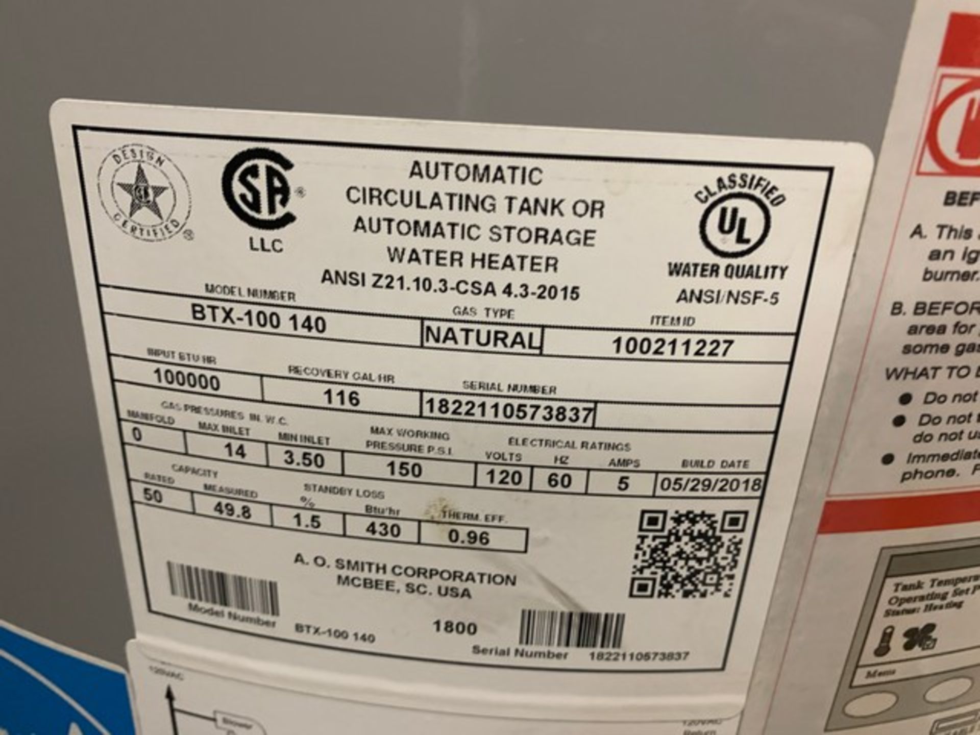 AO SMITH BTX-100140 NATURAL GAS WATER HEATER WITH COMPUTERIZED CYCLONE CONTROL (MUST BE REMOVED BETW - Image 3 of 5