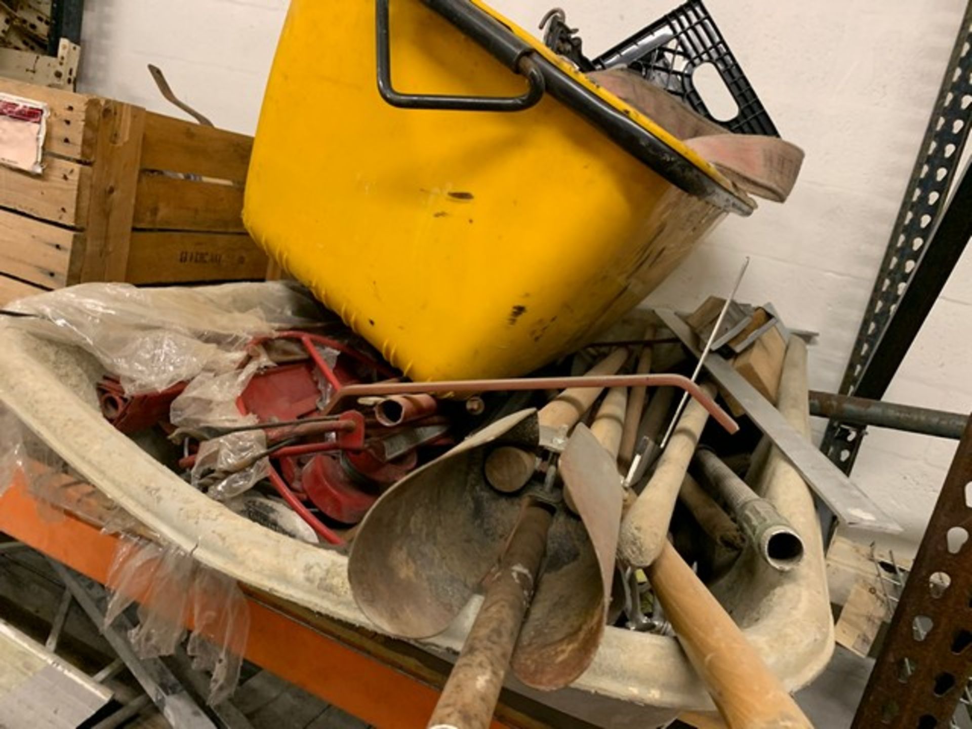 LOT HAND TOOLS, CEMENT MIXING TUBS, SAWS, POST HOLE DIGGERS, CAULKING GUN, ETC - Image 2 of 3