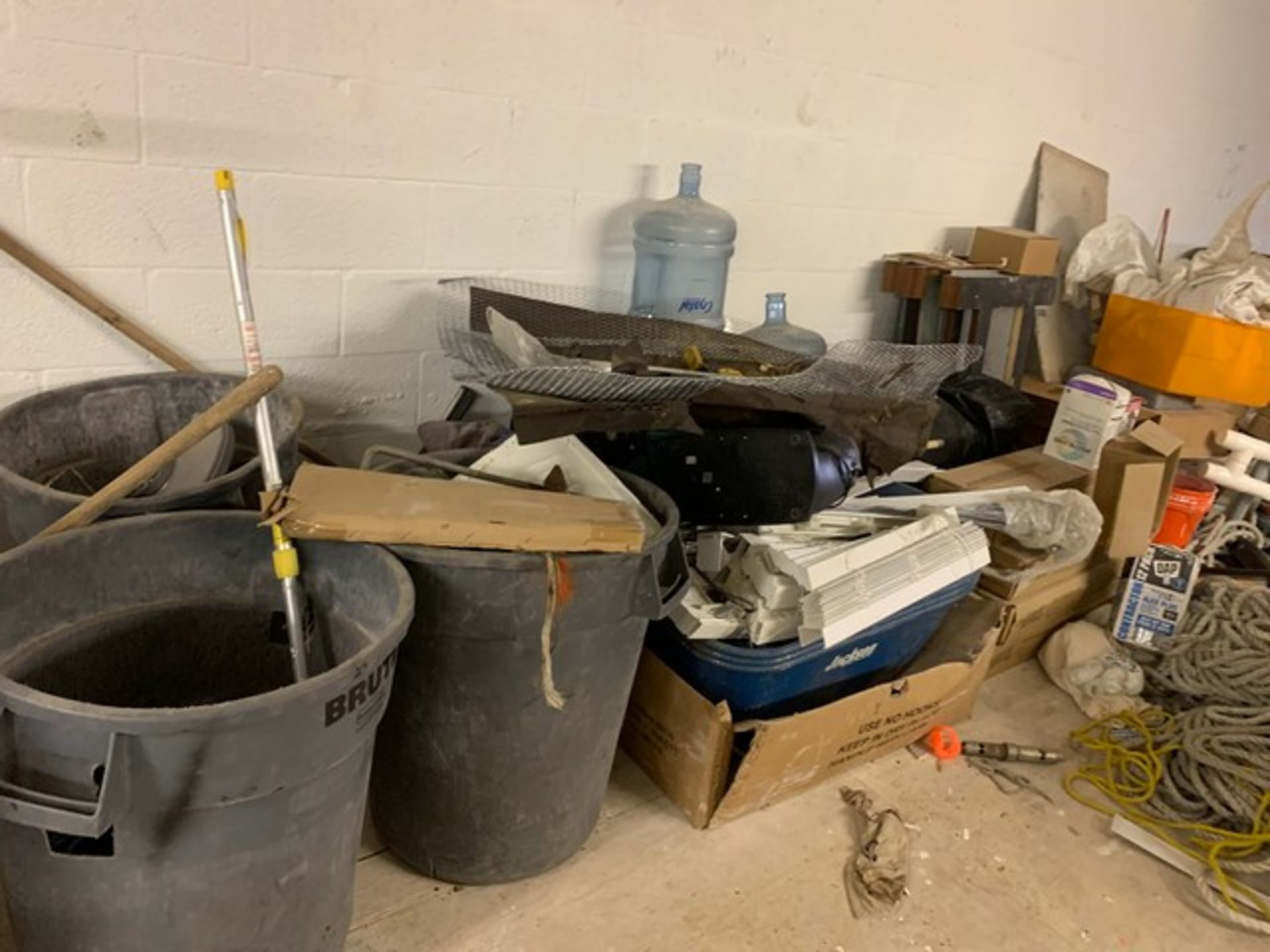 LOT TRASH BINS, MATERIALS, 3- DISASSEMBLE WHEEL BARRELS, FLOORING, FANS, ETC (IN CORNER) (ON LOFT) - Image 5 of 6