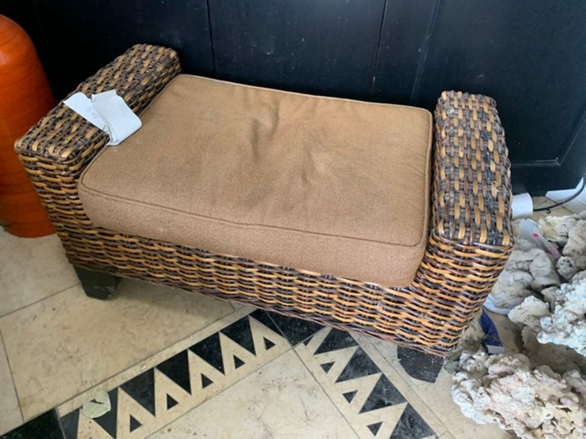 PIECES - 1- RATTAN END TABLE / 2- BLACK & TAN CUSHIONED CHAIRS - Image 2 of 2