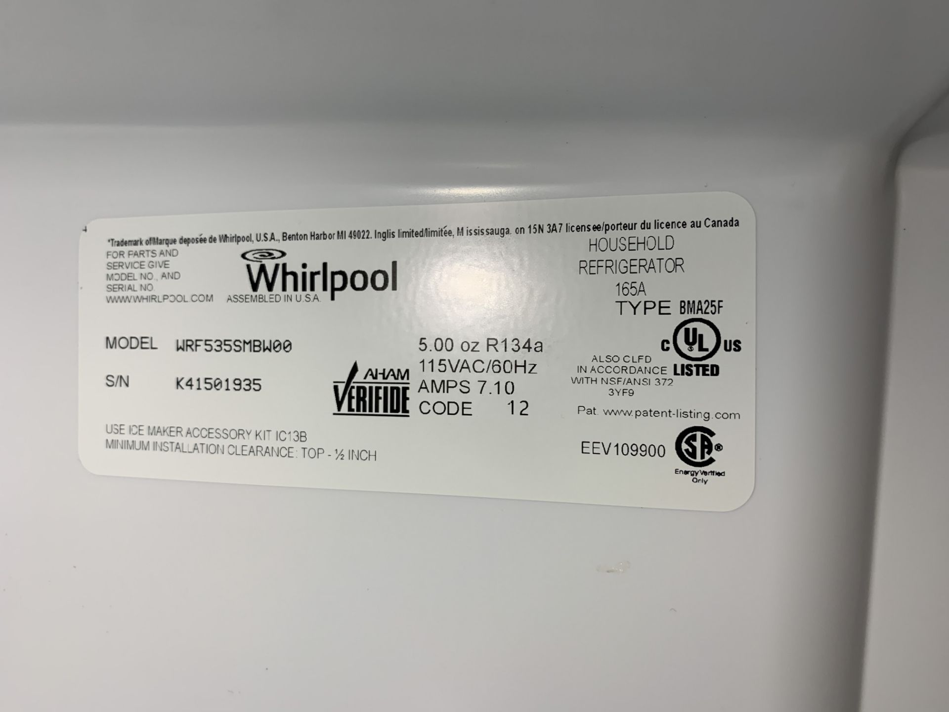 WHIRLPOOL WRF535SMBWOO WHITE FRENCH DOOR REFRIGERATOR / FREEZER - Image 3 of 3