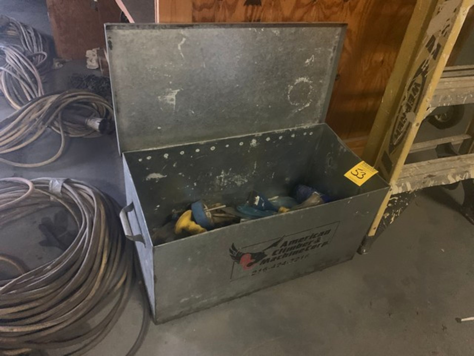 METAL BOX WITH ASSORTED HAND TOOLS, CAR PUNCHES, SCRAPERS, ETC