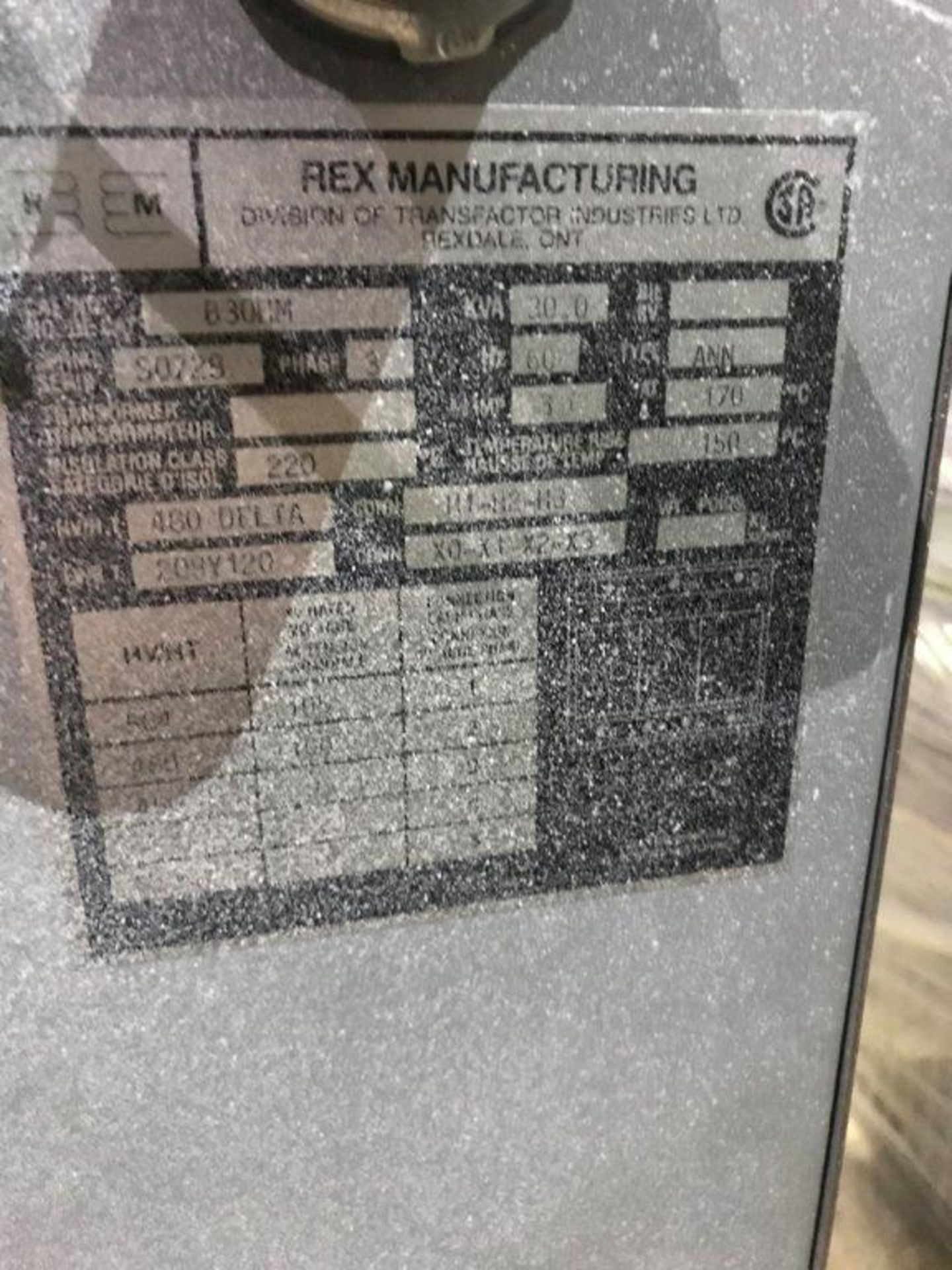Rex Manufacturing 30kVA Transformer 480v pri 208y/120v Secondary 3ph - Image 2 of 2