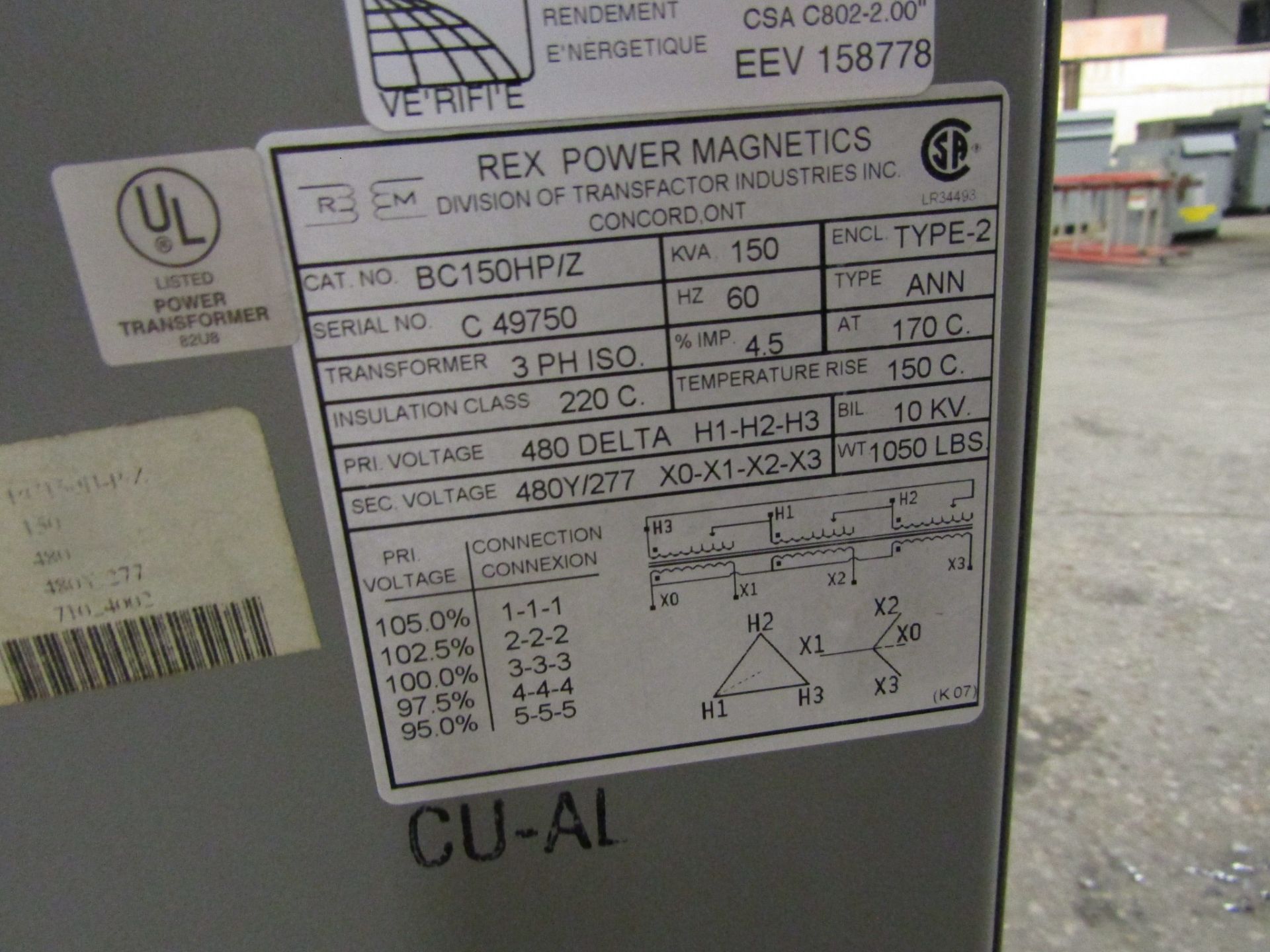 REX E-rated 150 KVA Electrical Transformer - 480 Delta to 480Y / 277V 3 phase - Image 2 of 2