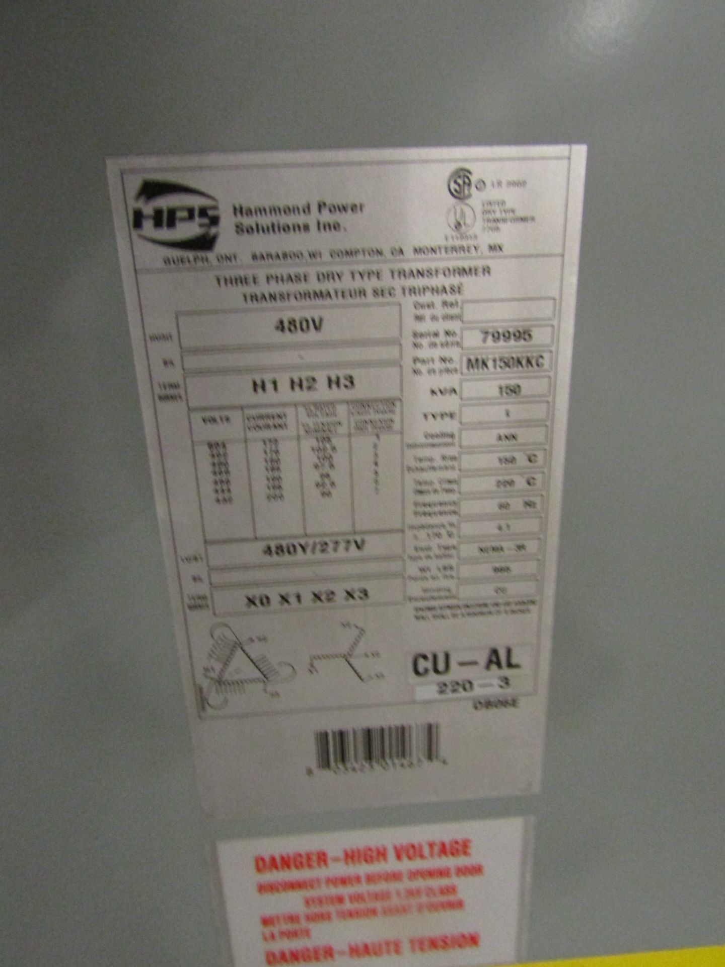 Hammond 150 KVA Electrical Transformer - 480V to 480Y / 277V 3 phase - Image 2 of 2