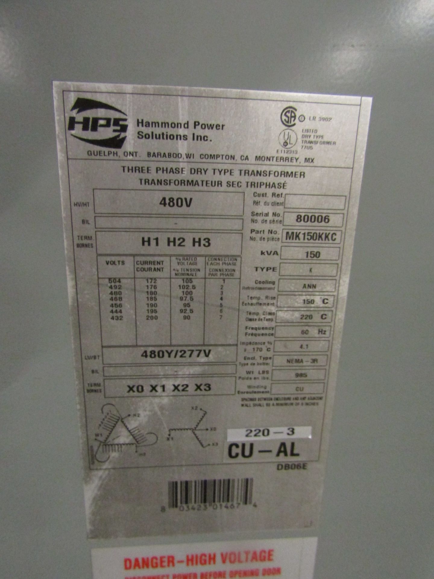 Hammond 150 KVA Electrical Transformer - 480V to 480Y / 277V 3 phase - Image 2 of 2