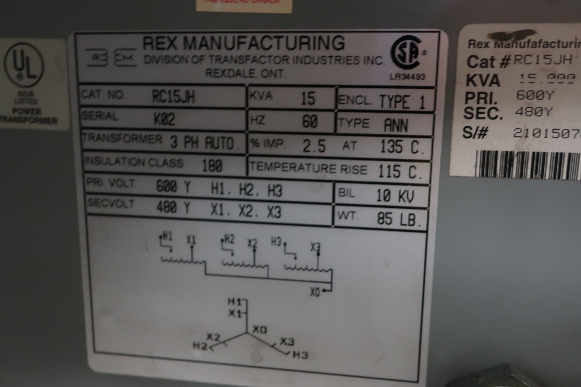 Rex 15KVA Auto - Transformer 600Y - 480Y V 3 phase - Image 2 of 2